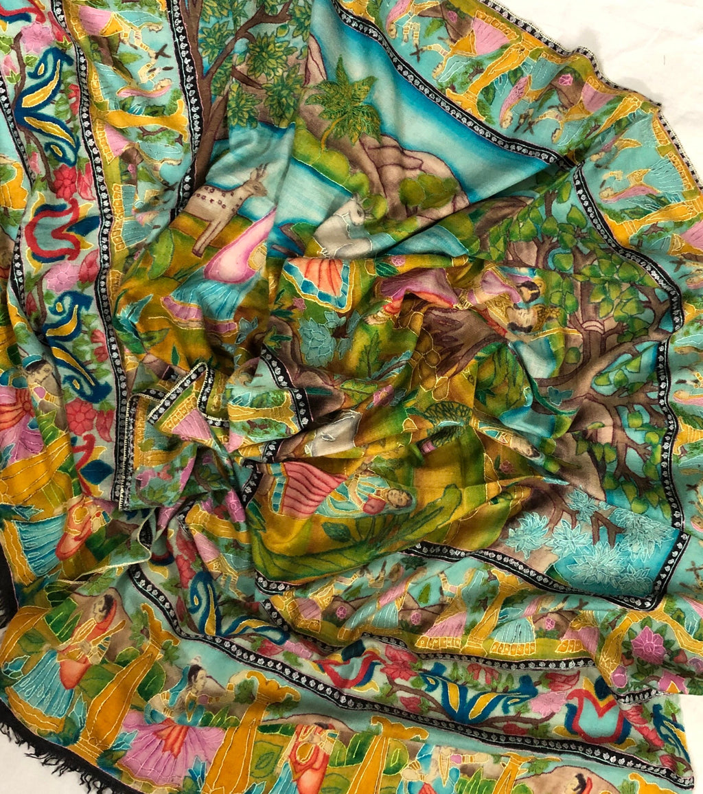 Handmade HandPainted Ladakhi Cashmere Pashmina Izhaar Embroidered Stole Scarf Shawl - Mehraj Crafts 