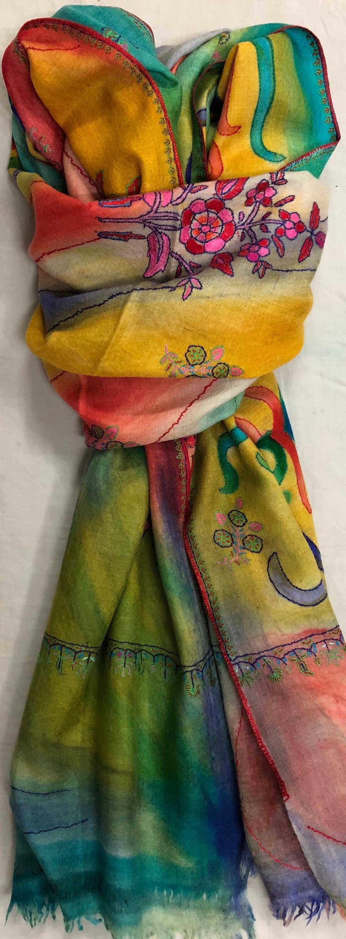 Floral Handmade HandPainted Ladakhi Cashmere Pashmina Outline Stole Scarf Shawl - Mehraj Crafts 