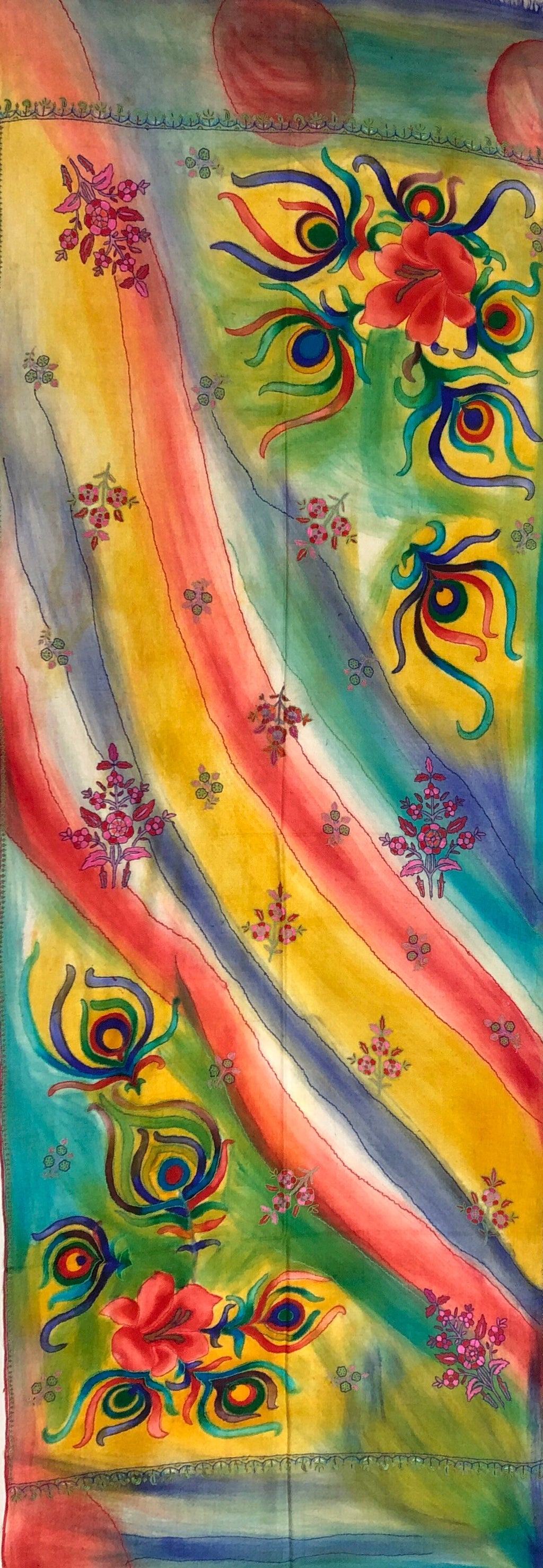 Floral Handmade HandPainted Ladakhi Cashmere Pashmina Outline Stole Scarf Shawl - Mehraj Crafts 