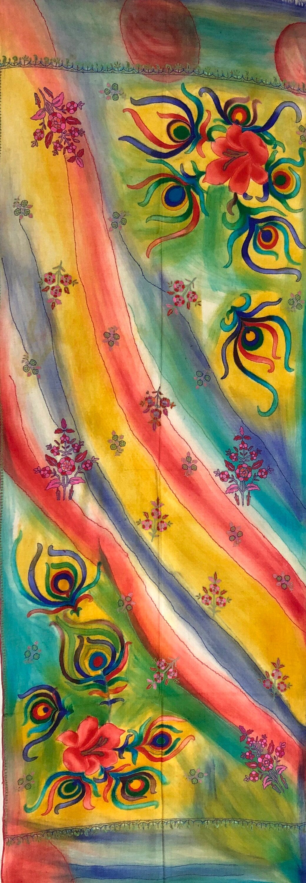 Floral Handmade HandPainted Ladakhi Cashmere Pashmina Outline Stole Scarf Shawl - Mehraj Crafts 