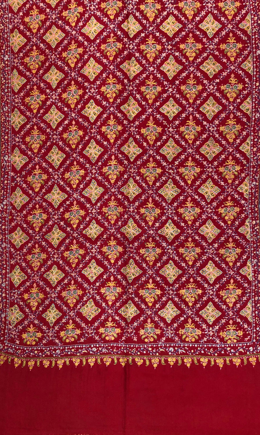 Hand Woven Ruby Hand Embroidered Sozni Jamawar Stole Shawl - Mehraj Crafts 