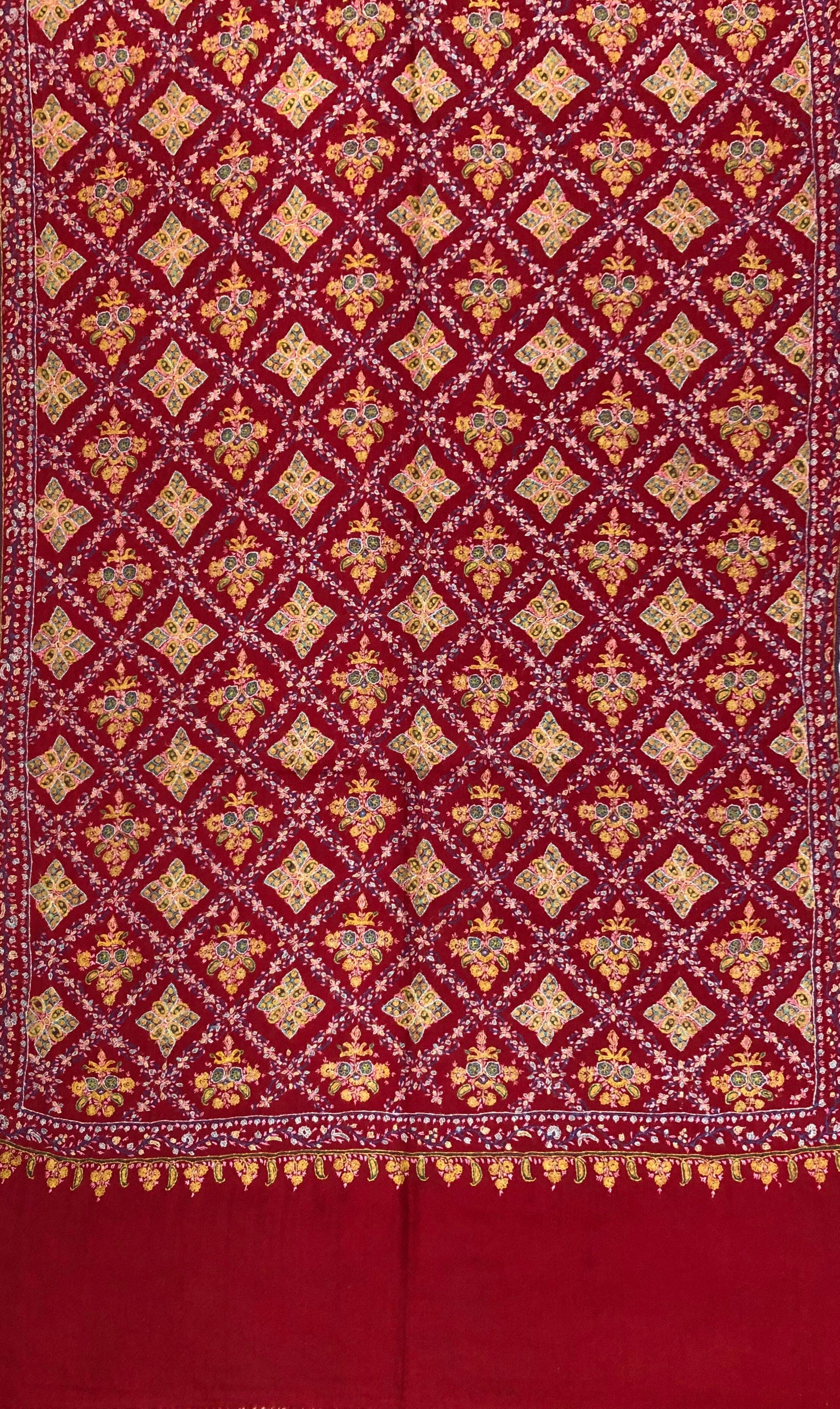 Hand Woven Ruby Hand Embroidered Sozni Jamawar Stole Shawl - Mehraj Crafts 
