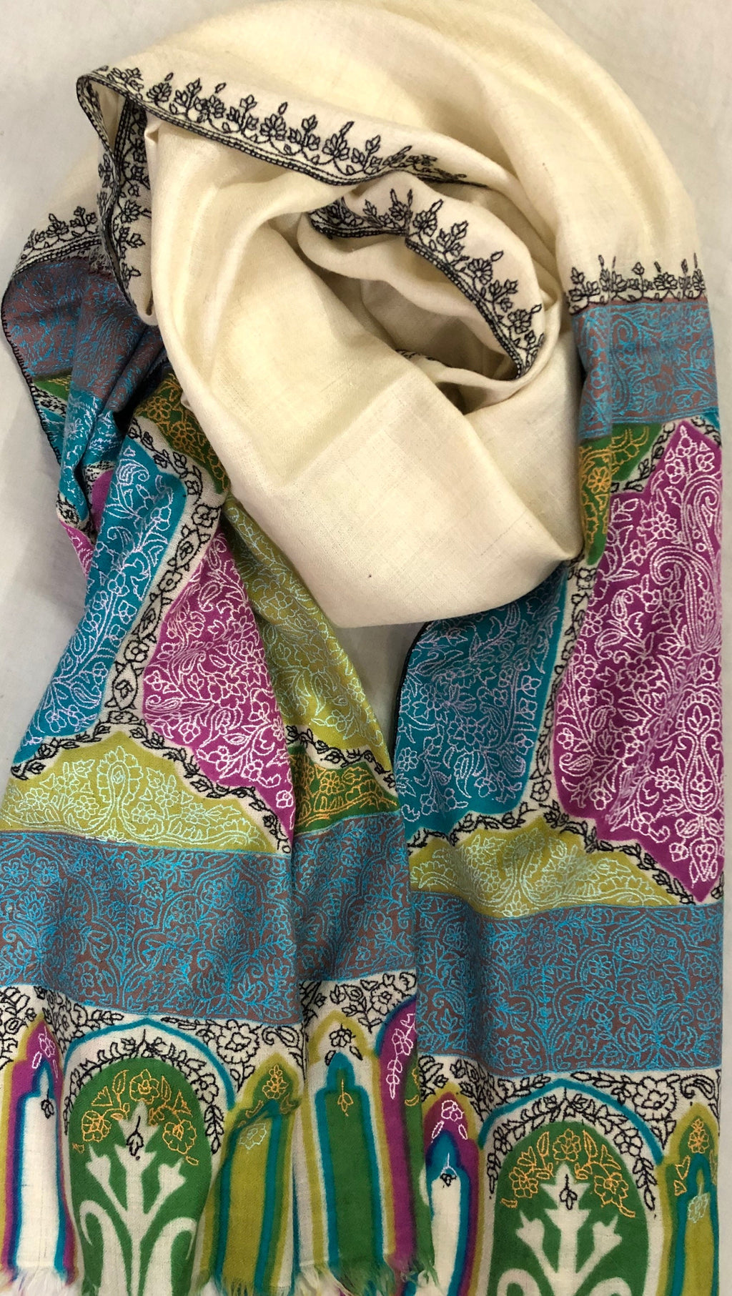 teacher gift Aurora White Mehrab Palla Hand Woven Hand Embroidered Ladakhi Cashmere Pashmina Stole Shawl - Mehraj Crafts 