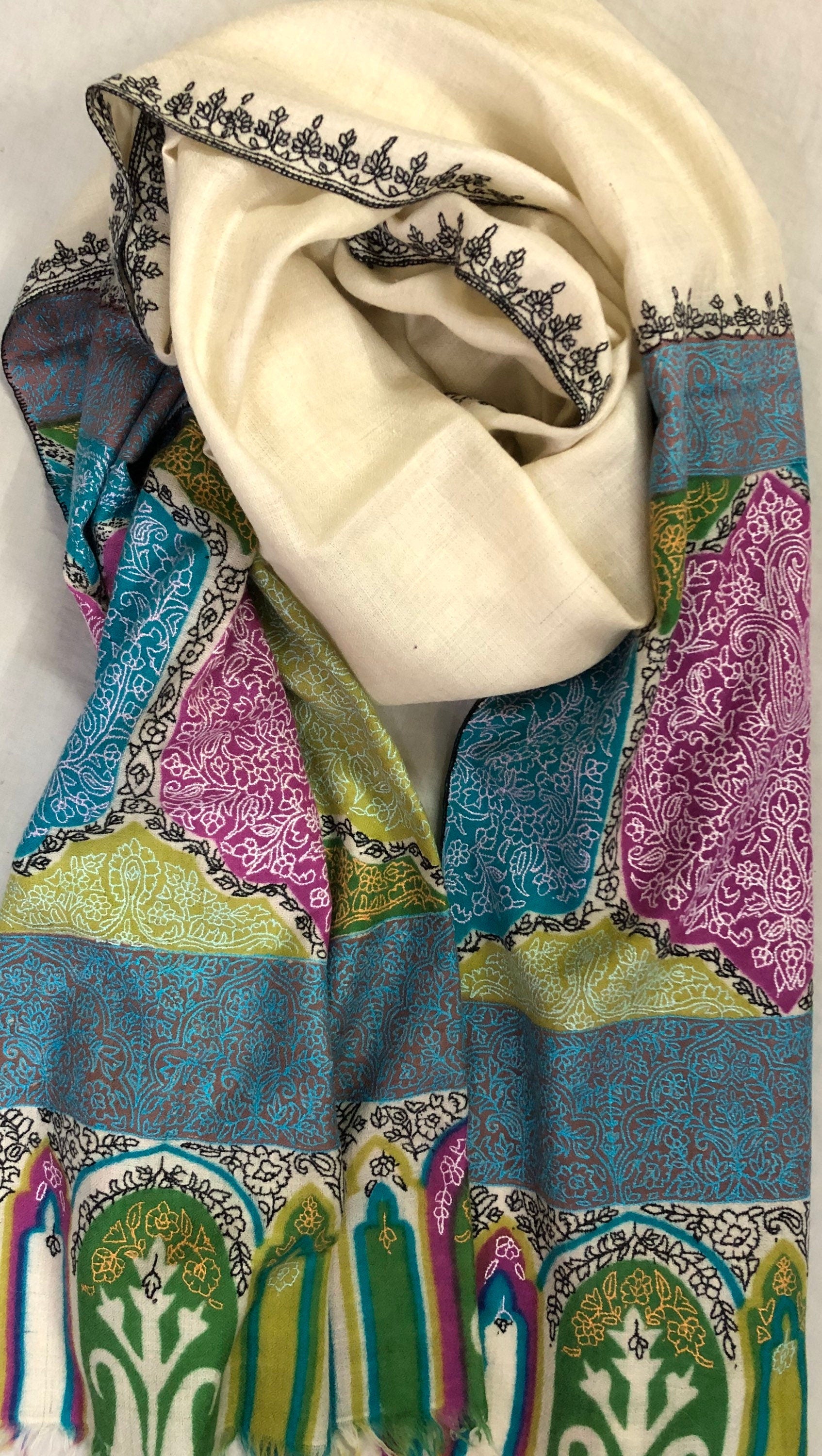 teacher gift Aurora White Mehrab Palla Hand Woven Hand Embroidered Ladakhi Cashmere Pashmina Stole Shawl - Mehraj Crafts 