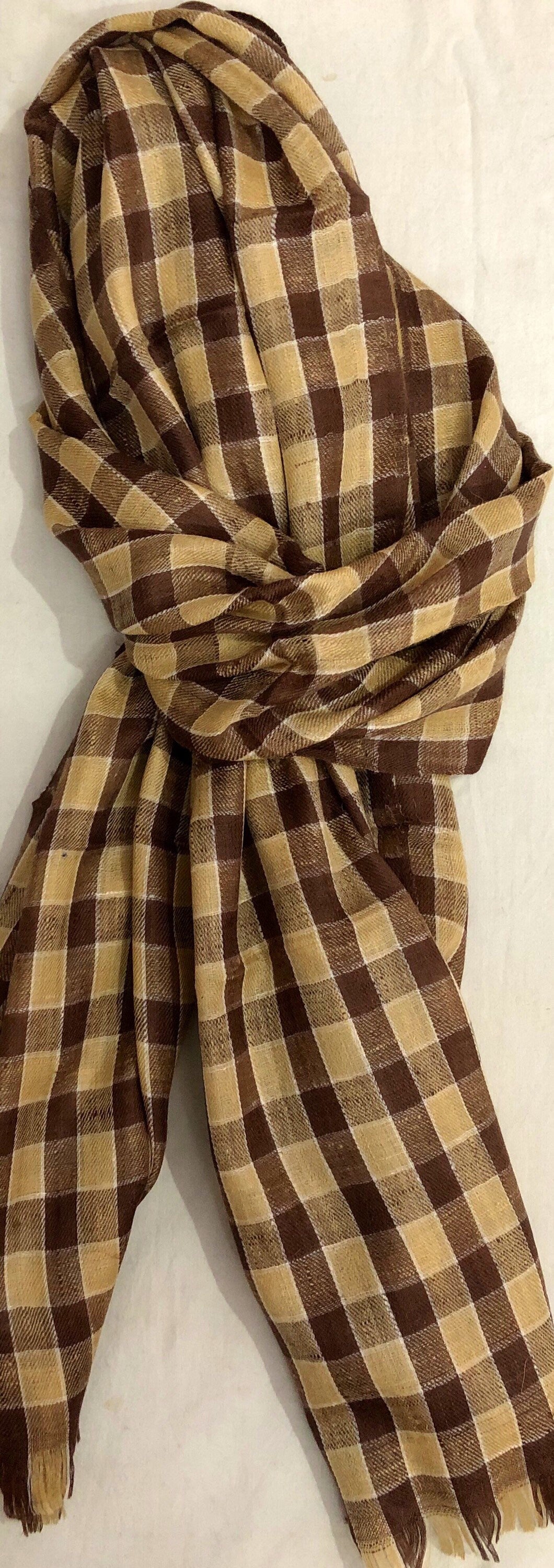 Handmade father of bride gift from daughter Brown Check Outlined Handmade Cashmere Pashmina Stole Scarf - Mehraj Crafts 