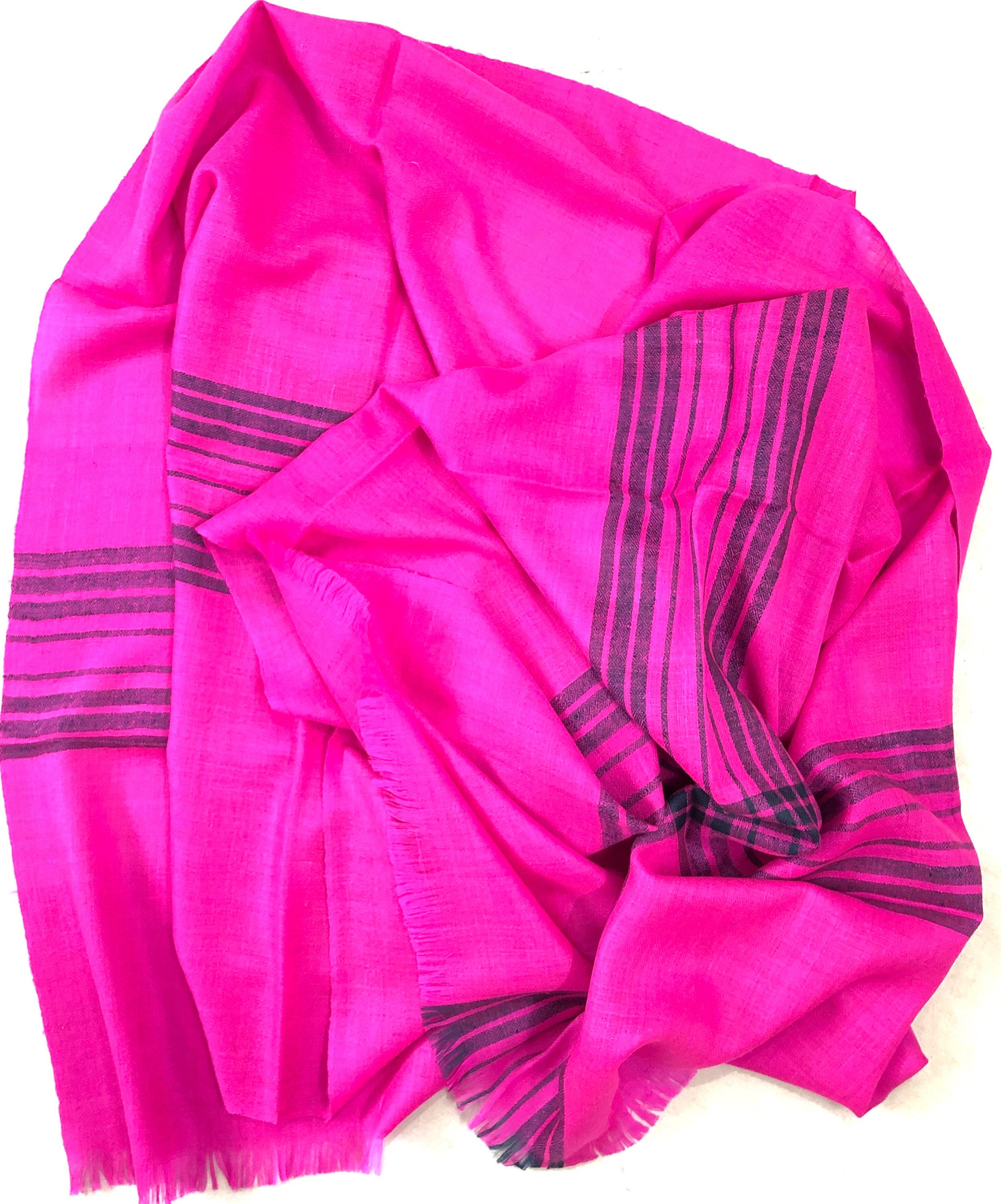 Handmade Super Pink Blue Stripes Handmade Cashmere Pashmina Stole Scarf - Mehraj Crafts 