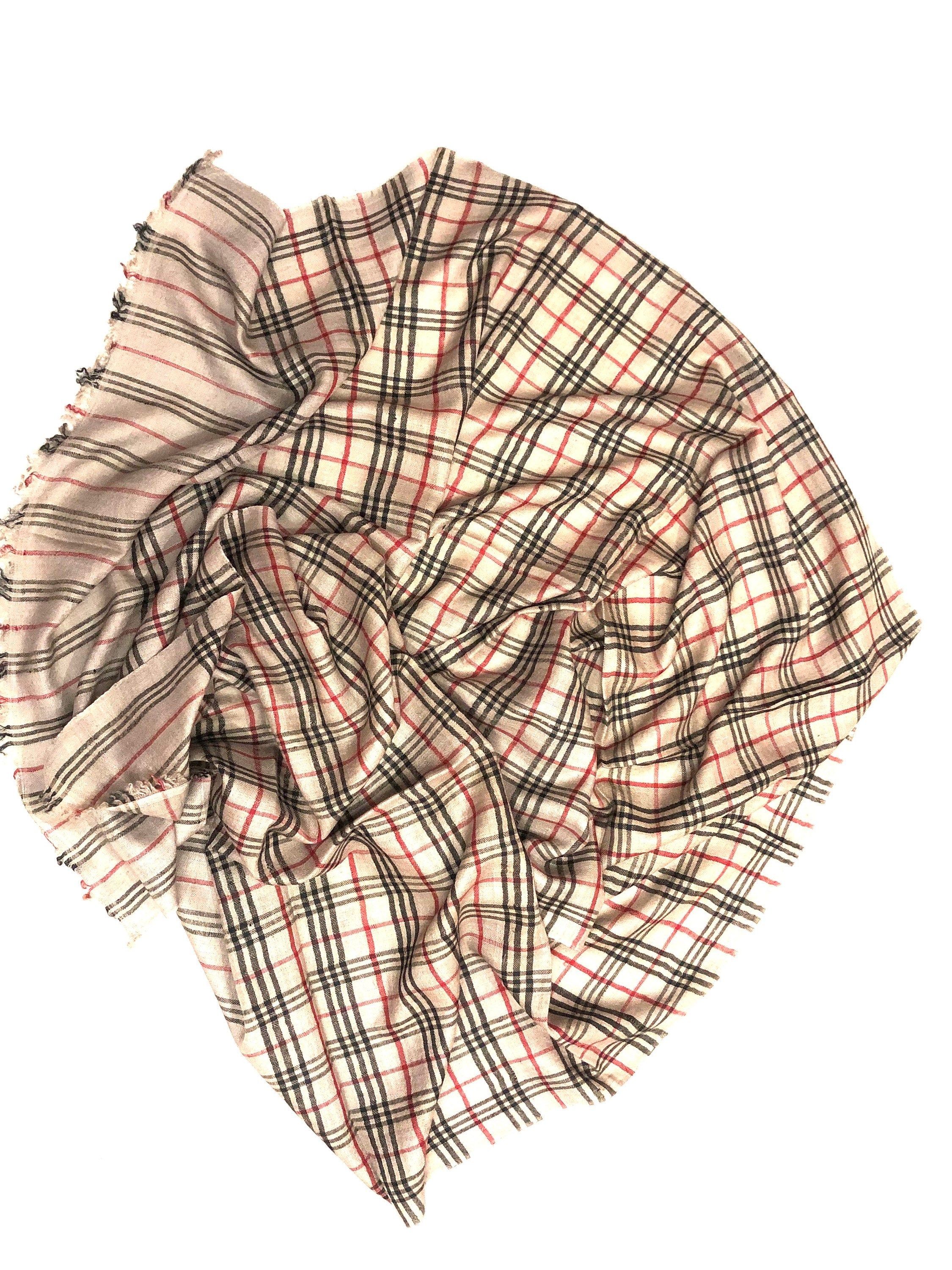 Handmade Vanilla Cream Plaid Cashmere Pashmina Scarf: Soft Stole (70x200 cm)