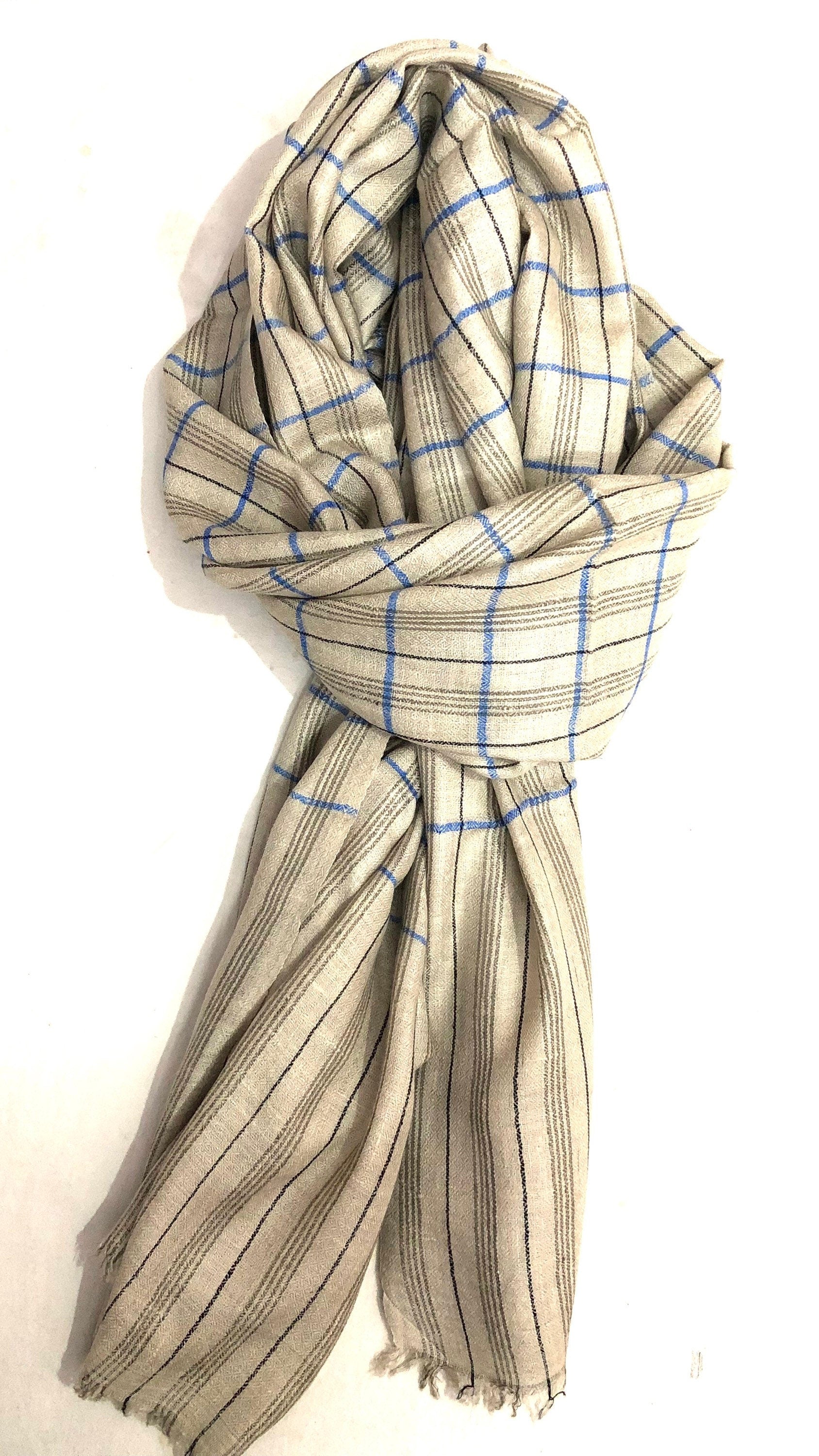 Cashmere Scarf Tattersall Check Handmade Organic Cashmere Pashmina Stole Scarf - Mehraj Crafts 