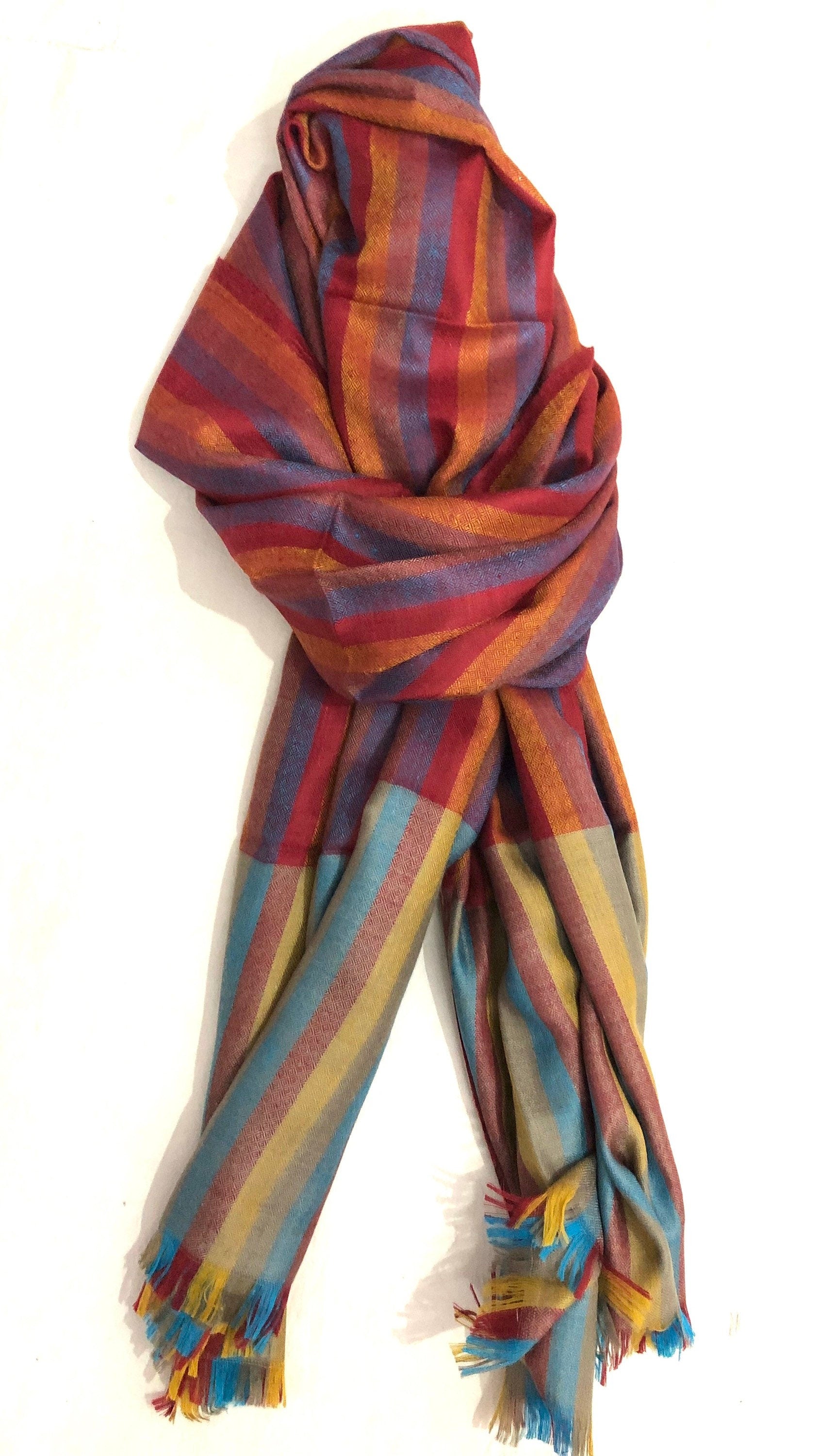 Smooth Multicoloured Stripes Handmade Real Cashmere Pashmina Stole Scarf - Mehraj Crafts 