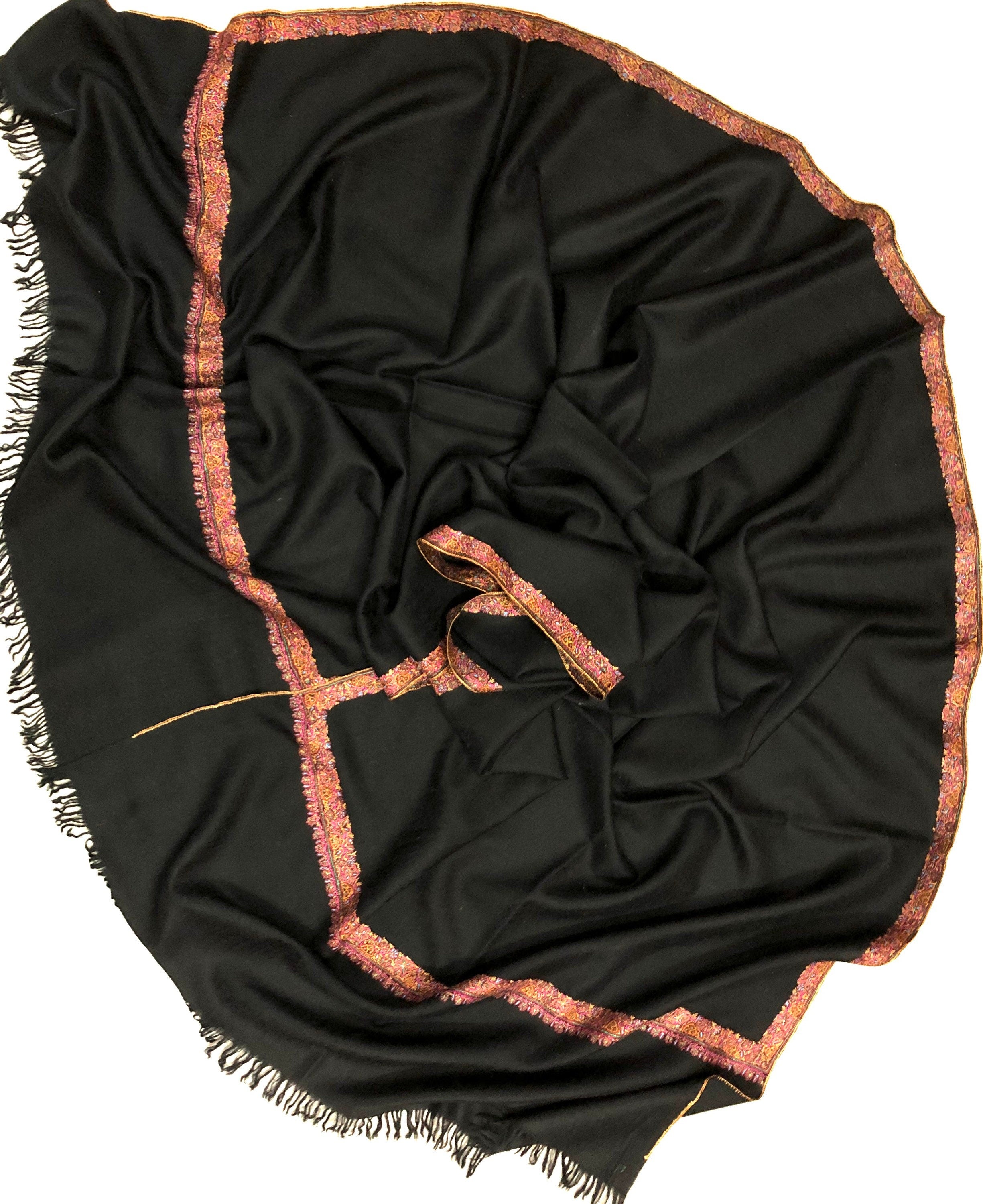 pashmina shawl for women Pirate Black Handmade Real Cashmere Pashmina Border Embroidered Stole Scarf Shawl - Mehraj Crafts 