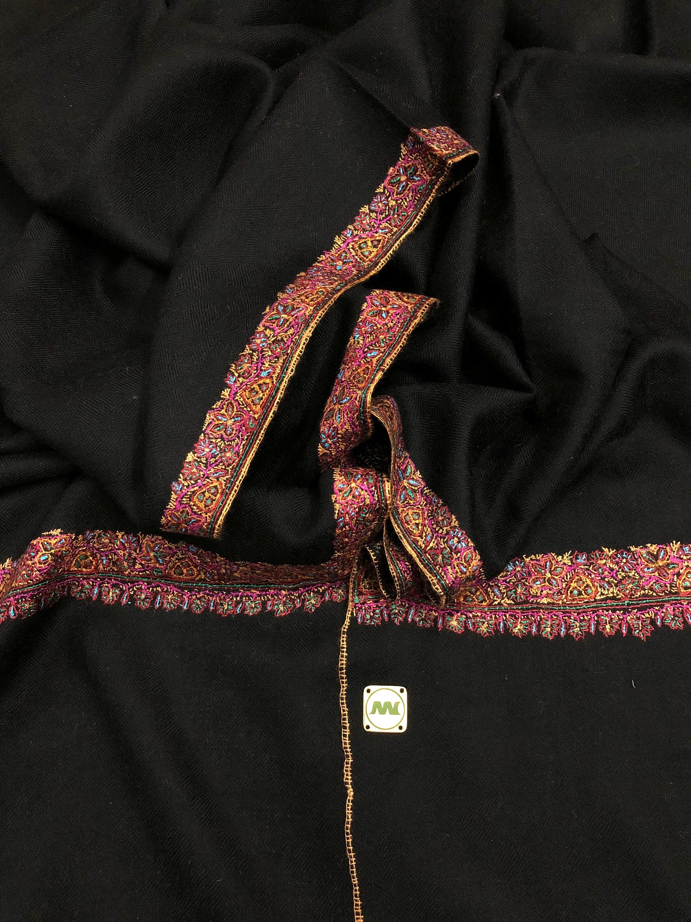 pashmina shawl for women Pirate Black Handmade Real Cashmere Pashmina Border Embroidered Stole Scarf Shawl - Mehraj Crafts 