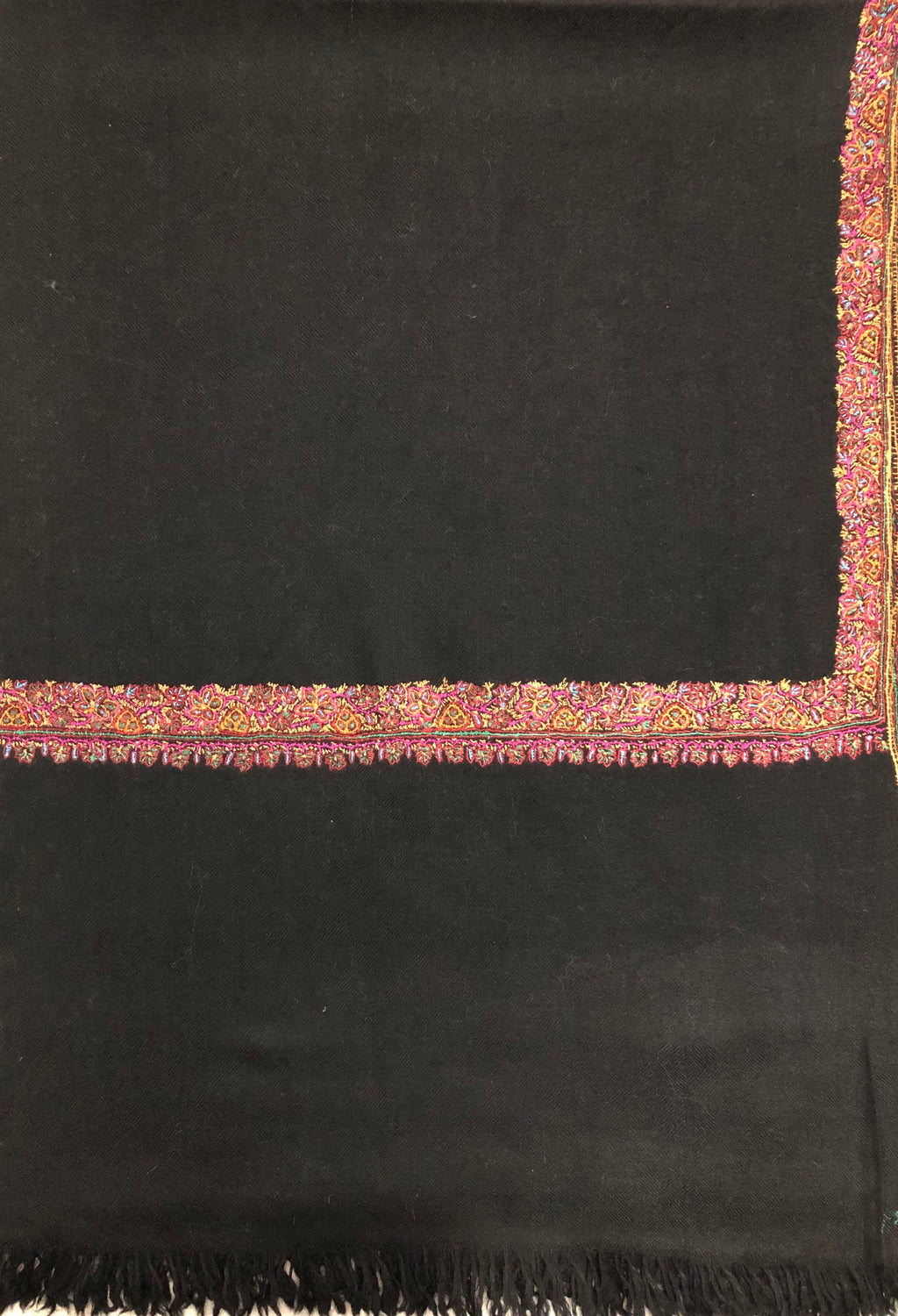 pashmina shawl for women Pirate Black Handmade Real Cashmere Pashmina Border Embroidered Stole Scarf Shawl - Mehraj Crafts 