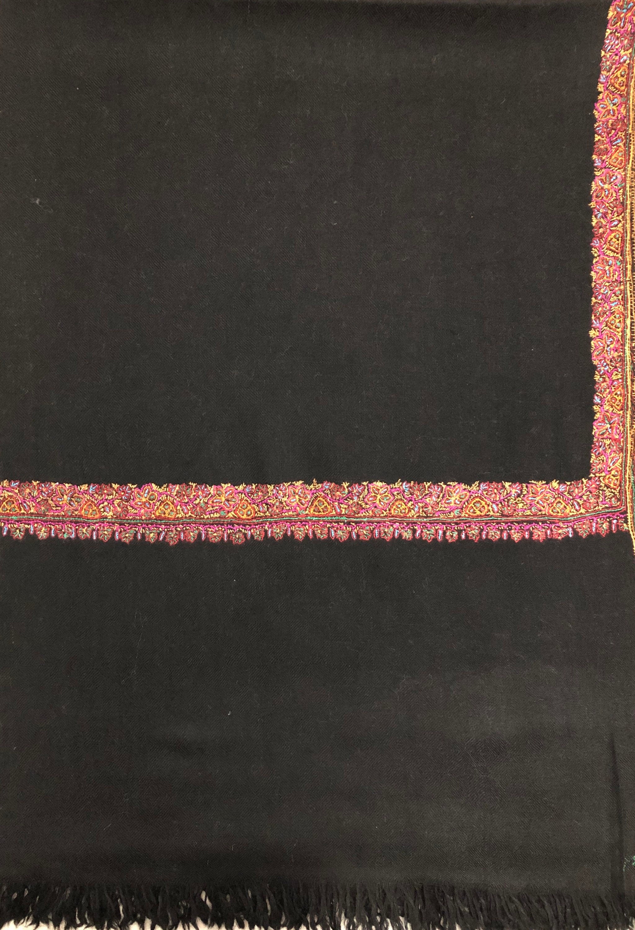 pashmina shawl for women Pirate Black Handmade Real Cashmere Pashmina Border Embroidered Stole Scarf Shawl - Mehraj Crafts 