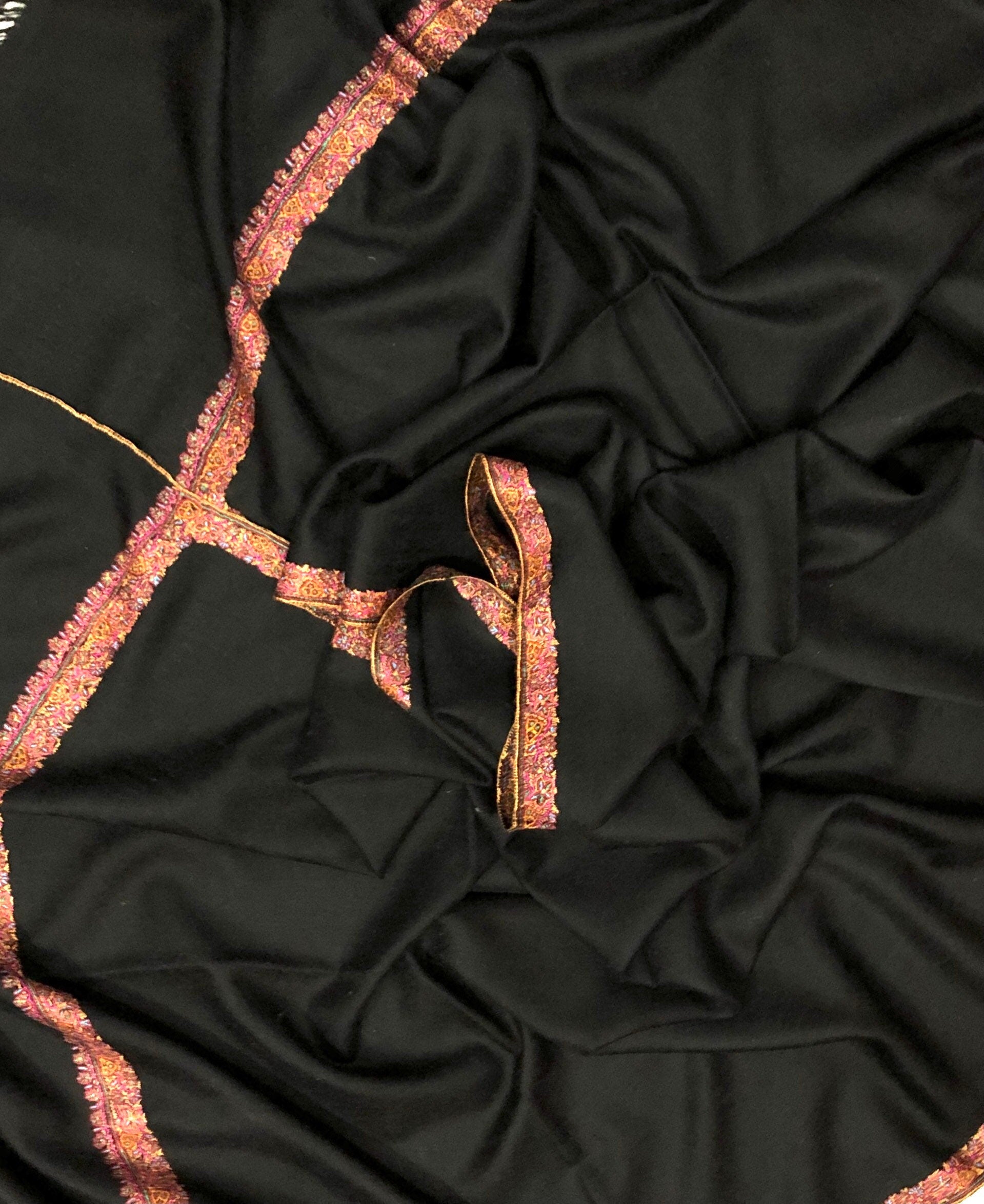 pashmina shawl for women Pirate Black Handmade Real Cashmere Pashmina Border Embroidered Stole Scarf Shawl - Mehraj Crafts 