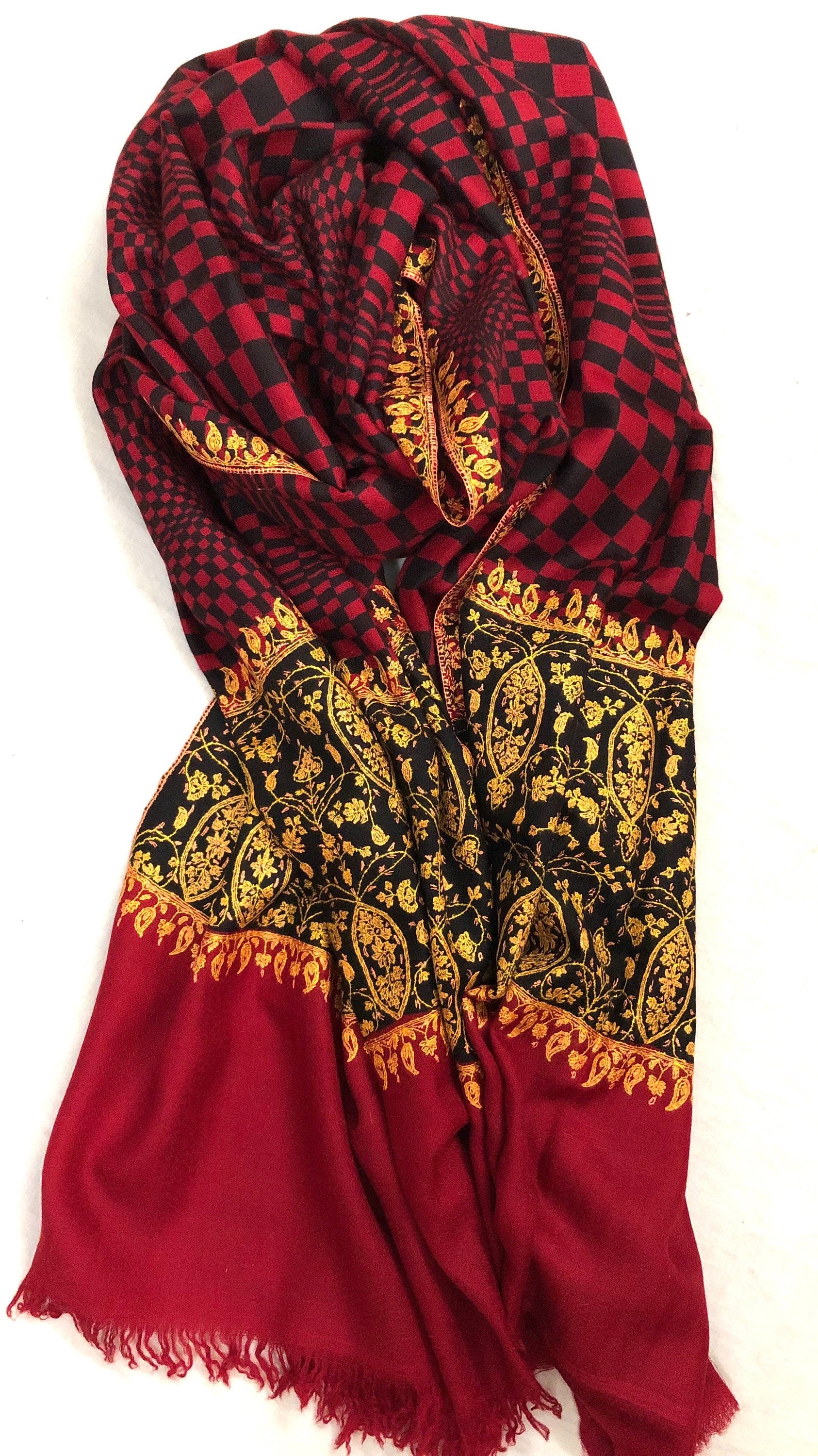 Cashmere Scarf Crimson Check Designed Sozni Palla Handmade Real Cashmere Pashmina Embroidered Stole Scarf Shawl - Mehraj Crafts 