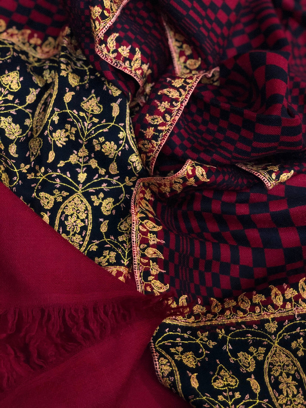 Handmade Crimson Check Cashmere Scarf: Sozni Embroidered Pashmina Stole