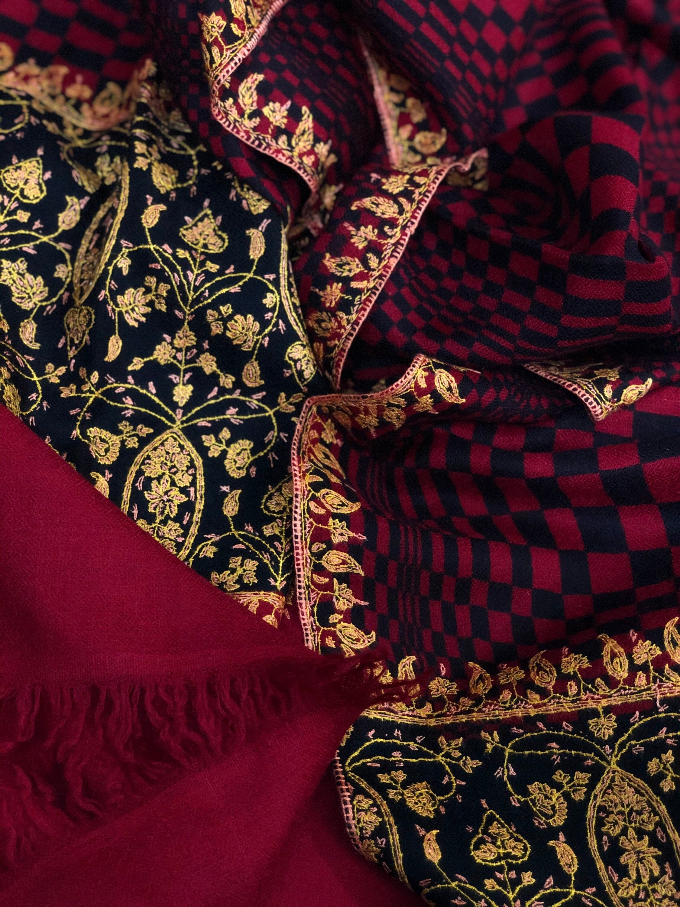 Cashmere Scarf Crimson Check Designed Sozni Palla Handmade Real Cashmere Pashmina Embroidered Stole Scarf Shawl - Mehraj Crafts 