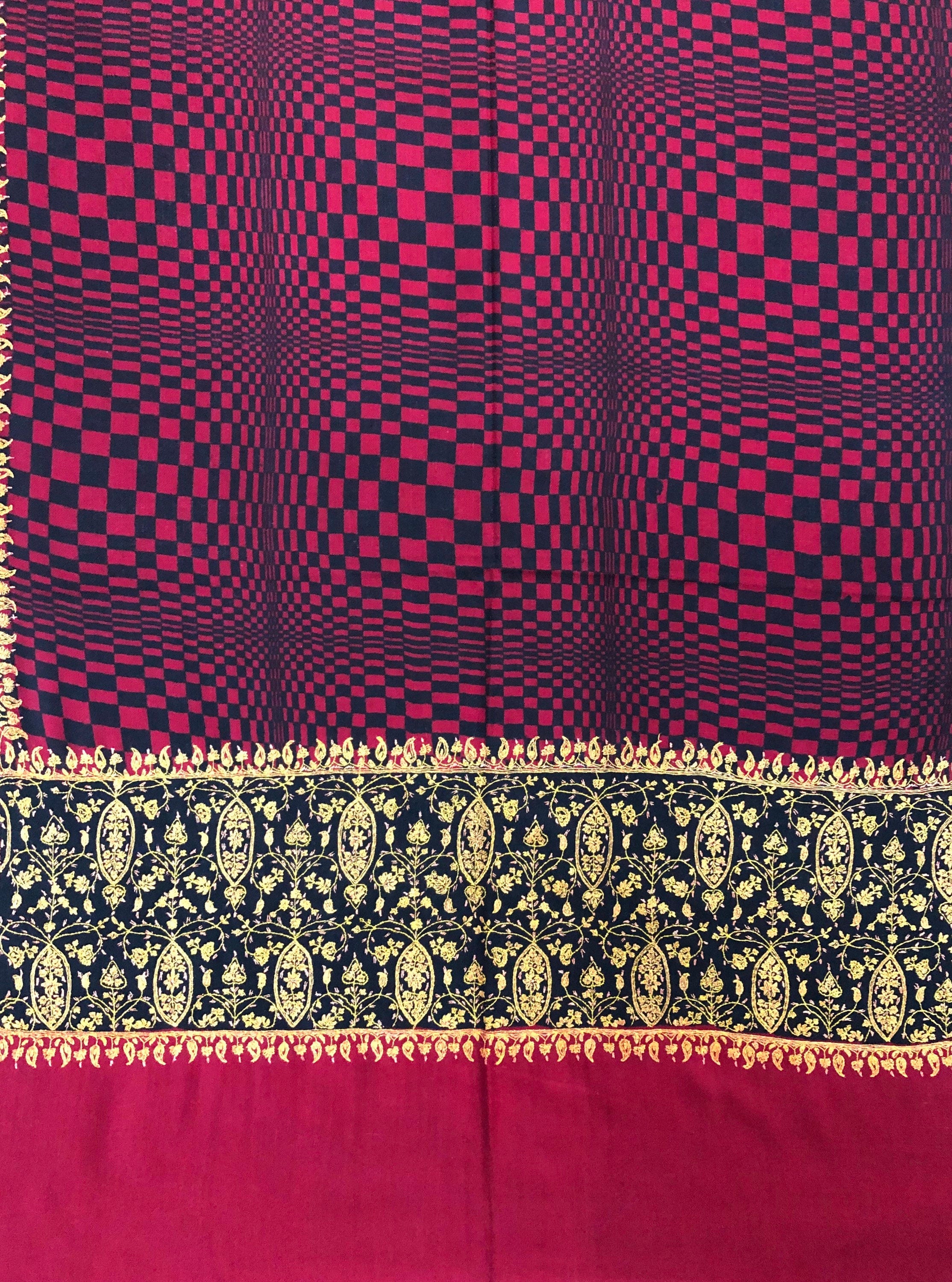 Handmade Crimson Check Cashmere Scarf: Sozni Embroidered Pashmina Stole