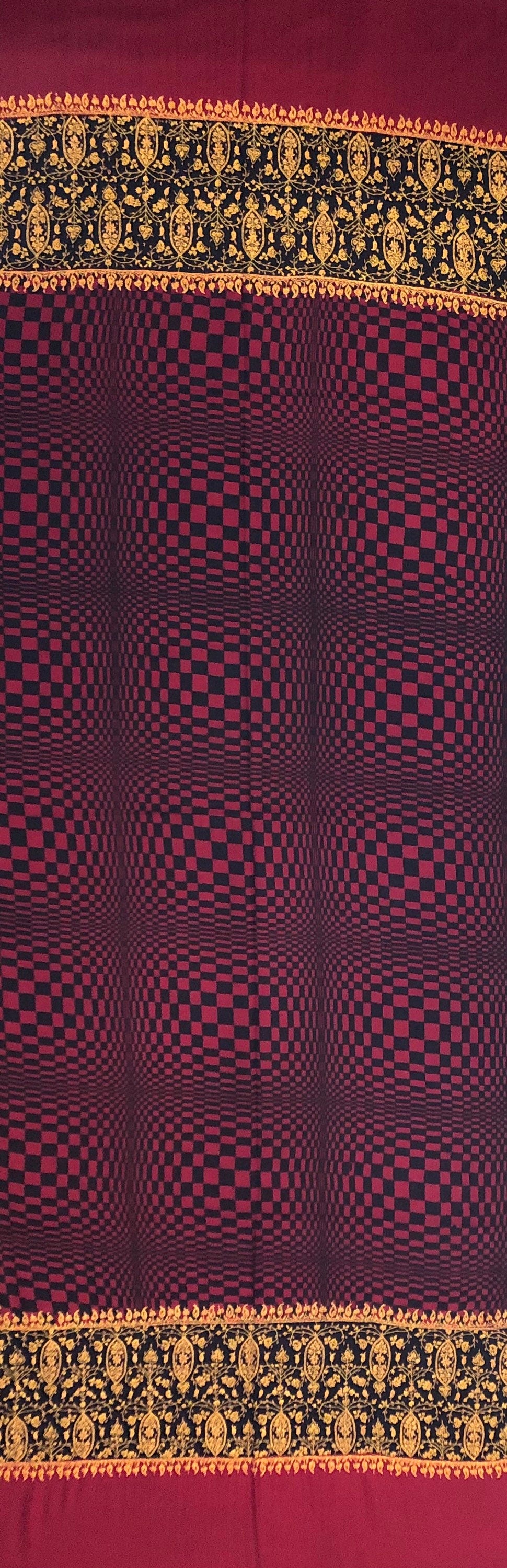 Handmade Crimson Check Cashmere Scarf: Sozni Embroidered Pashmina Stole
