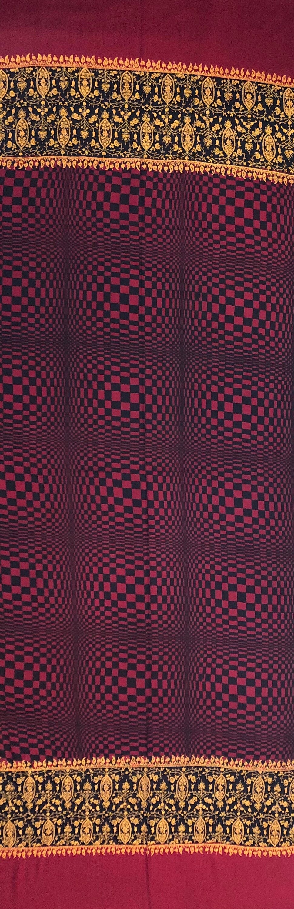 Cashmere Scarf Crimson Check Designed Sozni Palla Handmade Real Cashmere Pashmina Embroidered Stole Scarf Shawl - Mehraj Crafts 