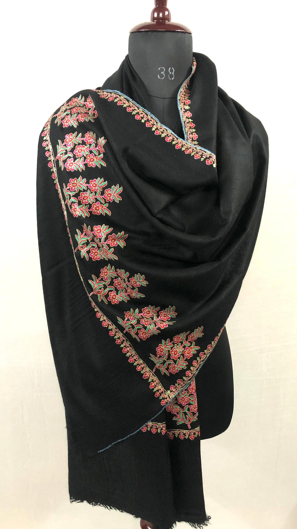 Floral Embroidered Black Cashmere Pashmina Shawl: Handmade Indian Stole