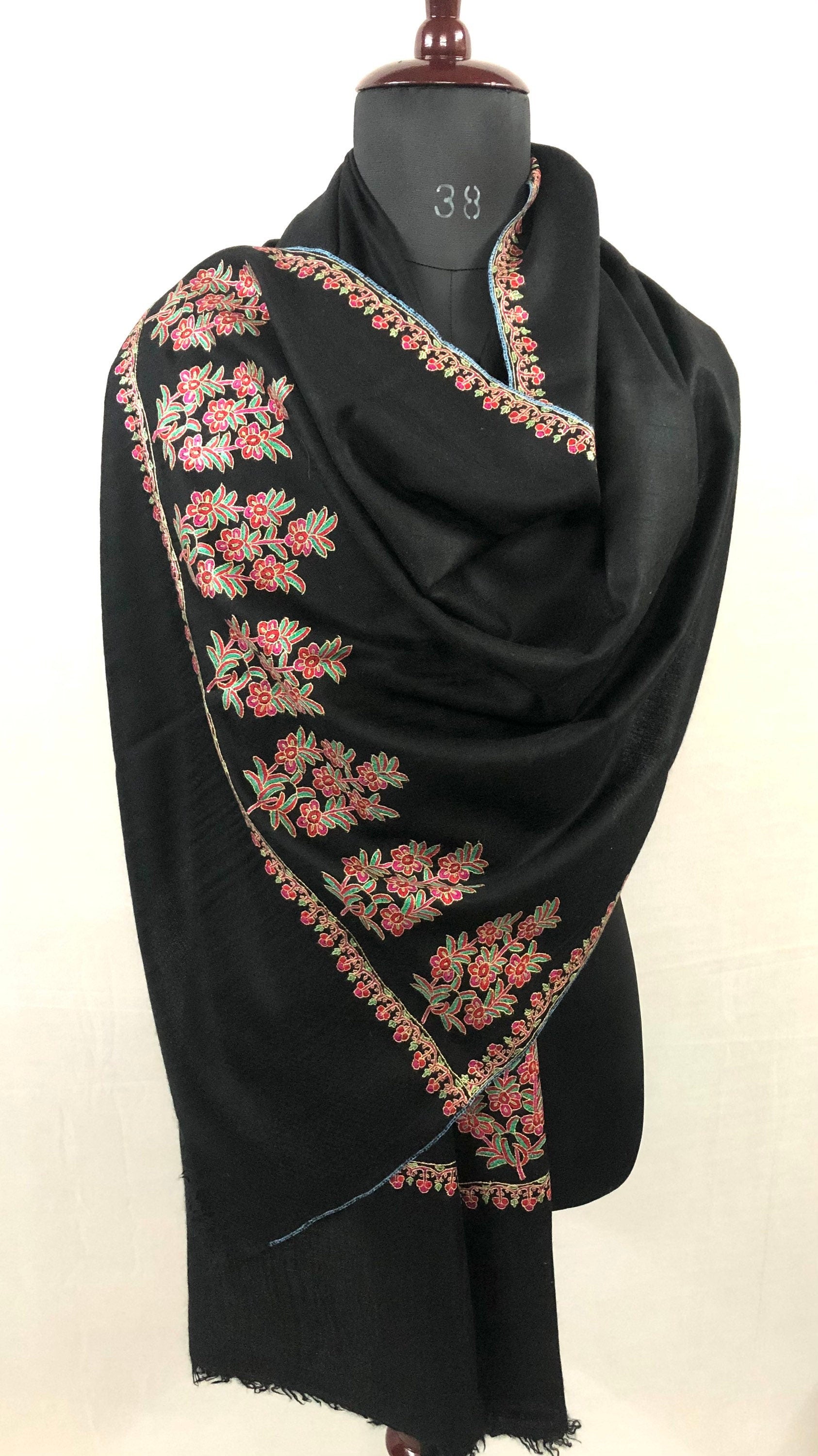 Floral Embroidered Black Cashmere Pashmina Shawl: Handmade Indian Stole
