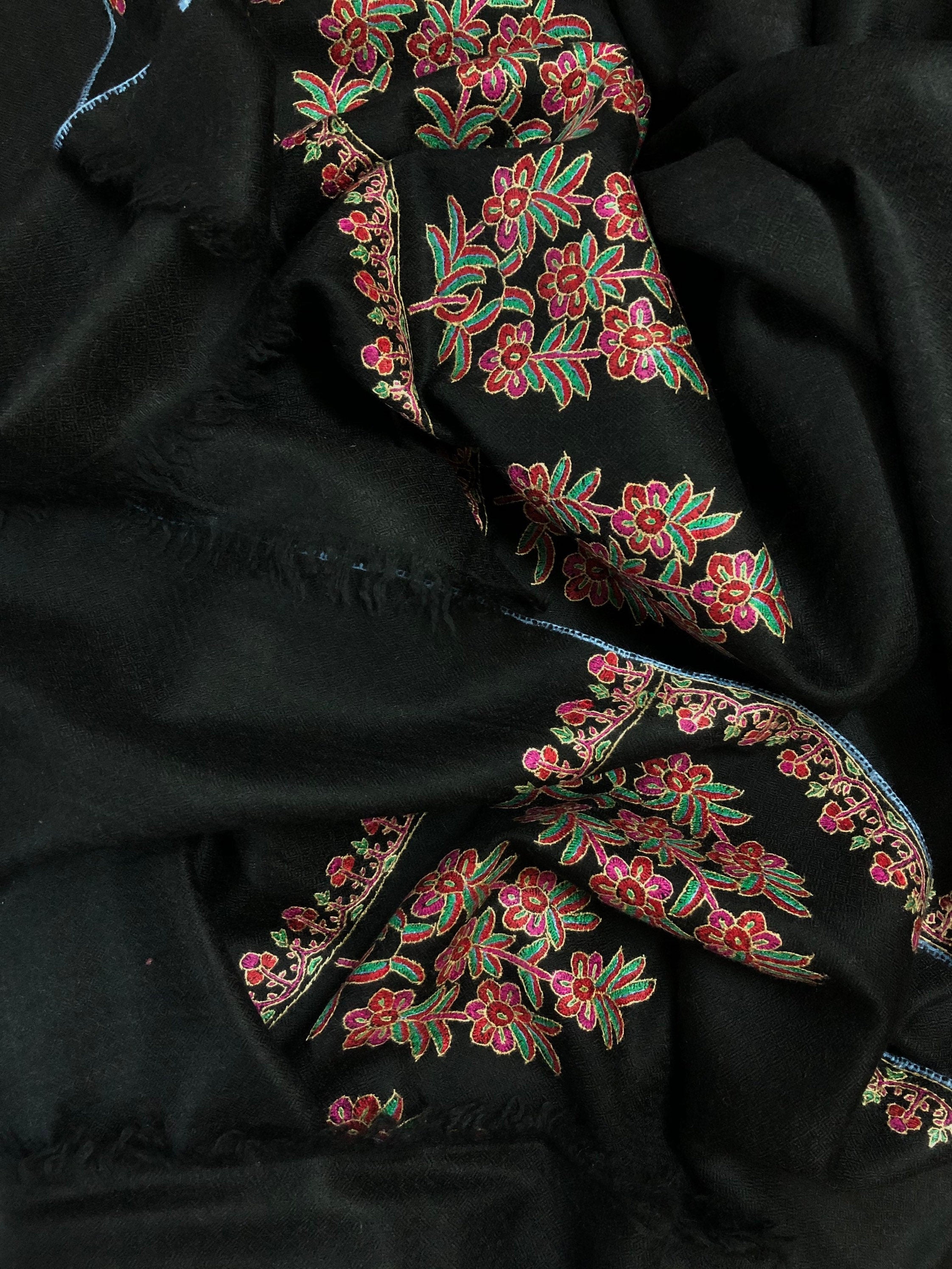 Floral Seamless Indian Mughal Flower Palla Handmade Real Cashmere Pashmina Embroidered Stole Scarf Shawl - Mehraj Crafts 