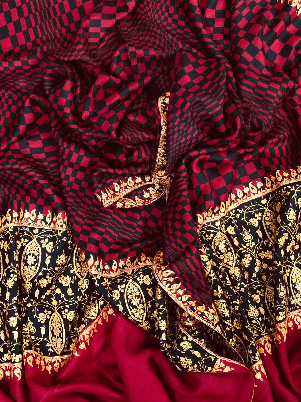 Handmade Crimson Check Cashmere Scarf: Sozni Embroidered Pashmina Stole
