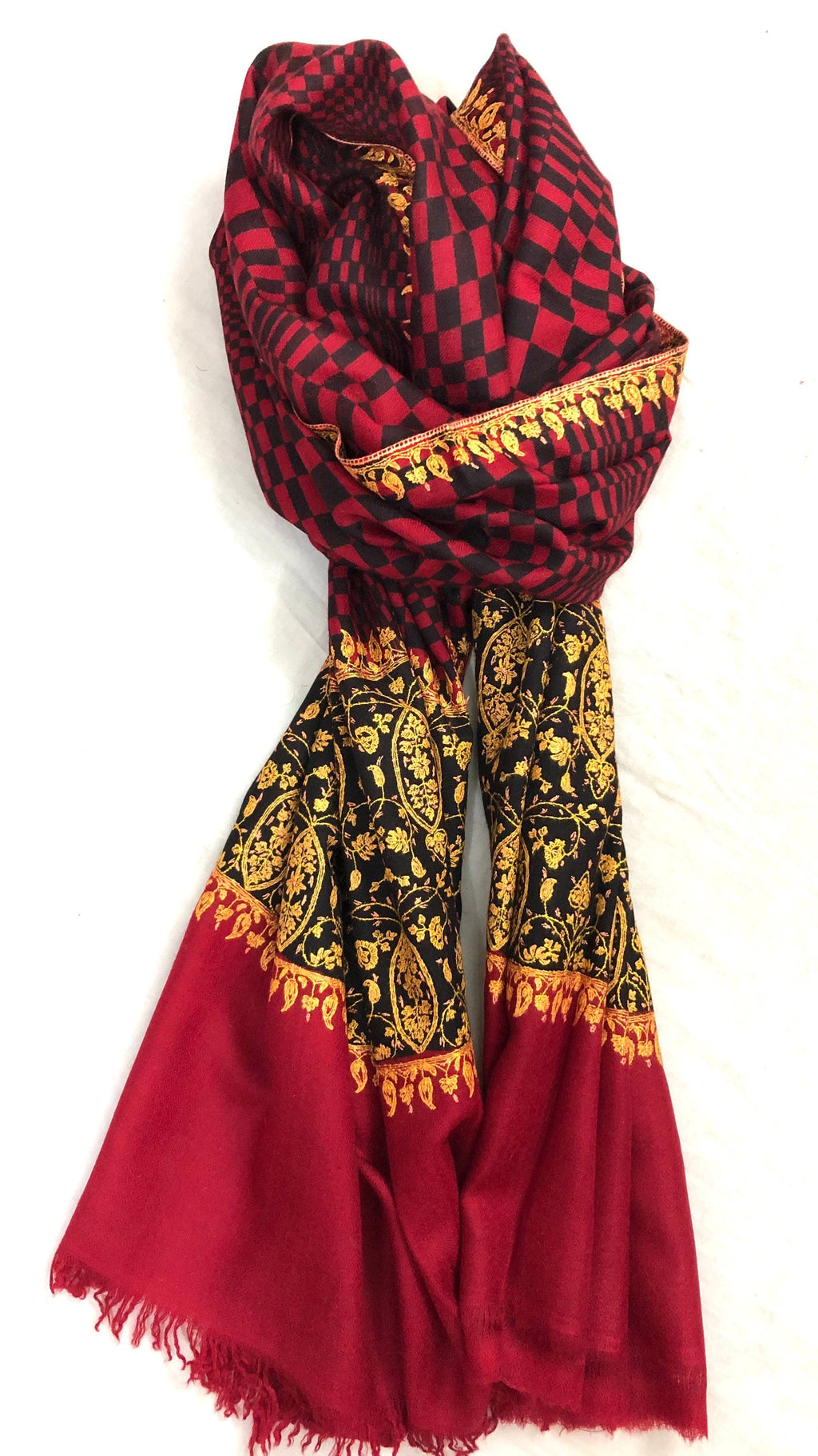 Handmade Crimson Check Cashmere Scarf: Sozni Embroidered Pashmina Stole