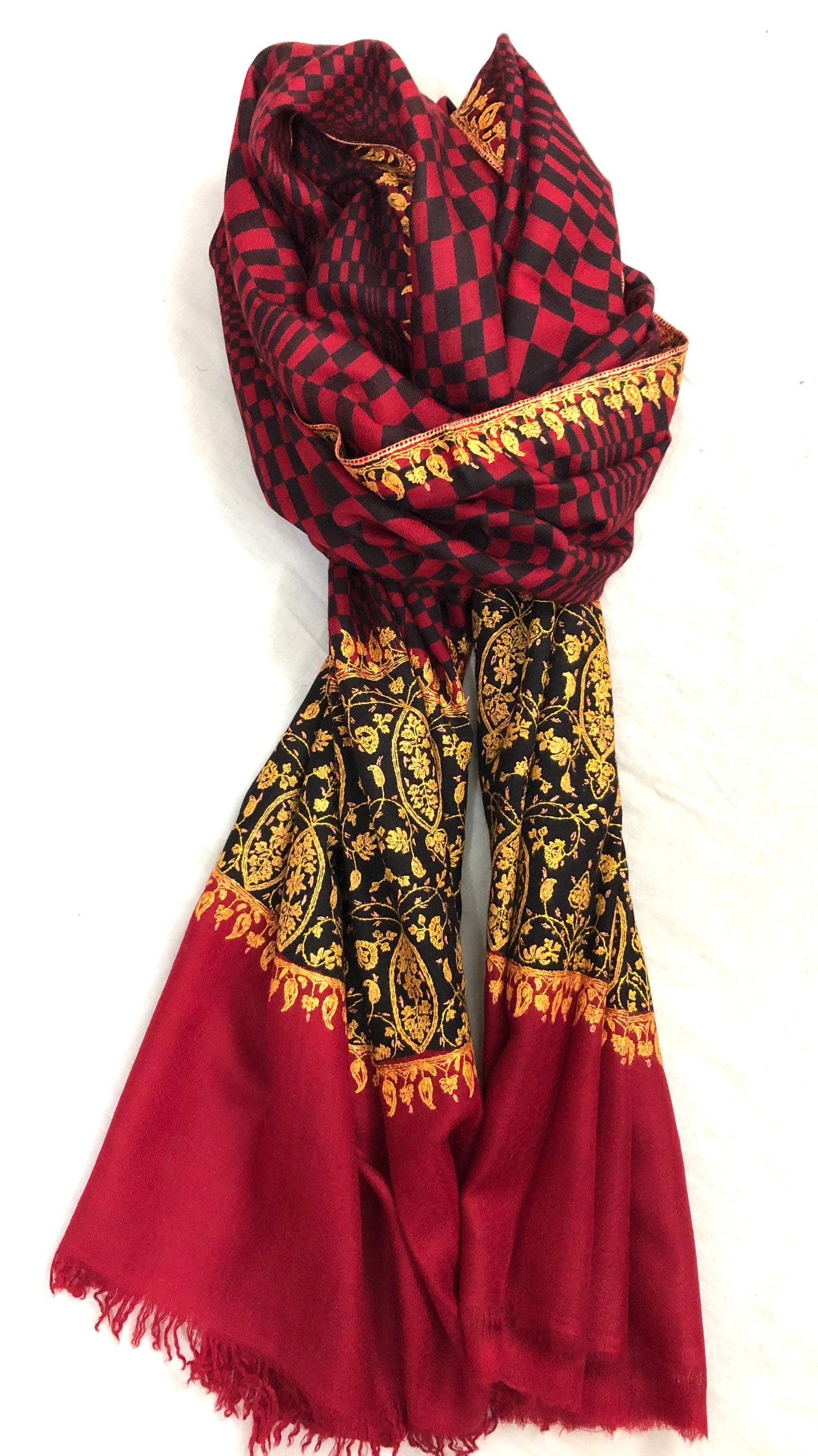 Handmade Crimson Check Cashmere Scarf: Sozni Embroidered Pashmina Stole