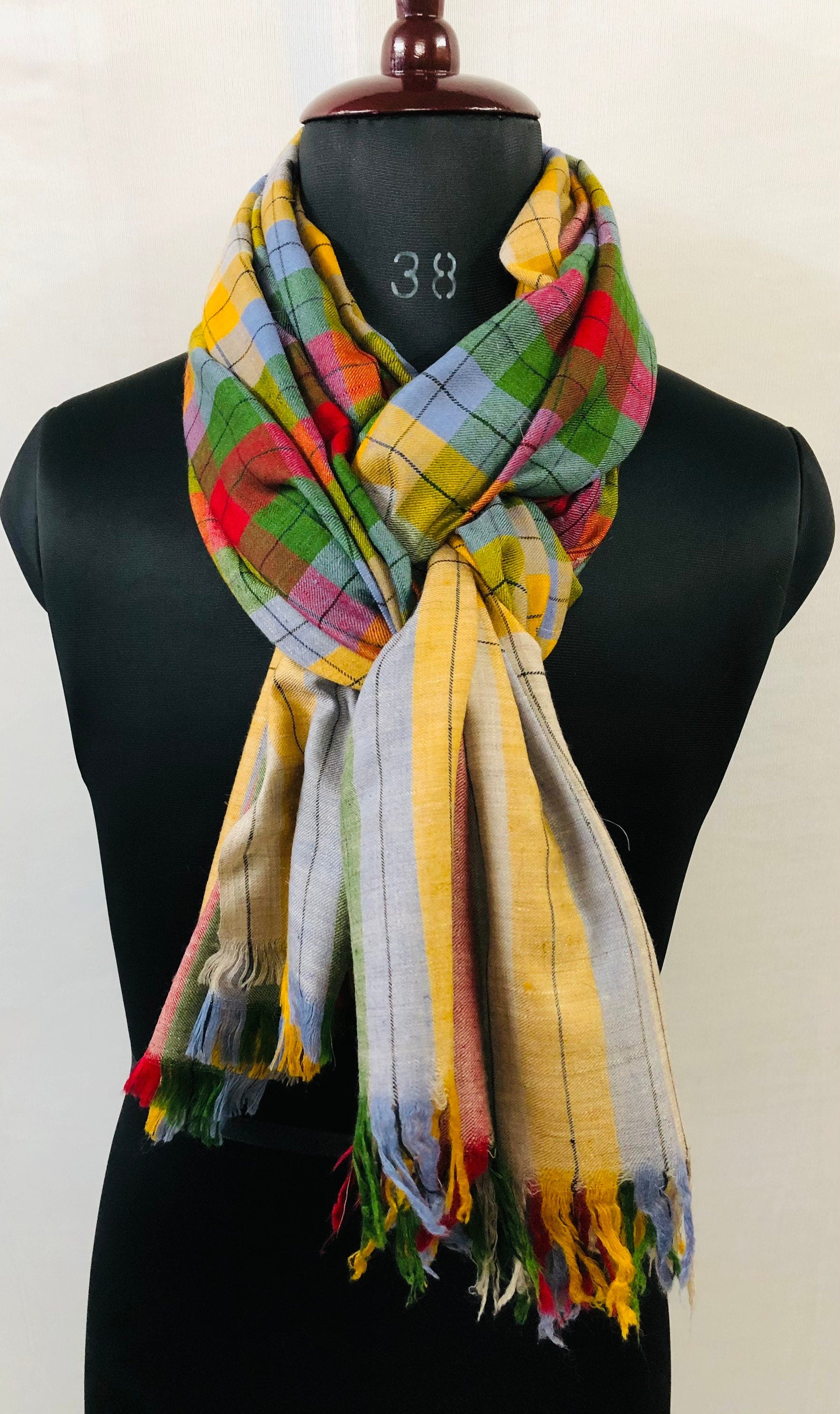 Handmade Multicoloured Plaid Check Handmade Real Cashmere Pashmina Shawl - Mehraj Crafts 
