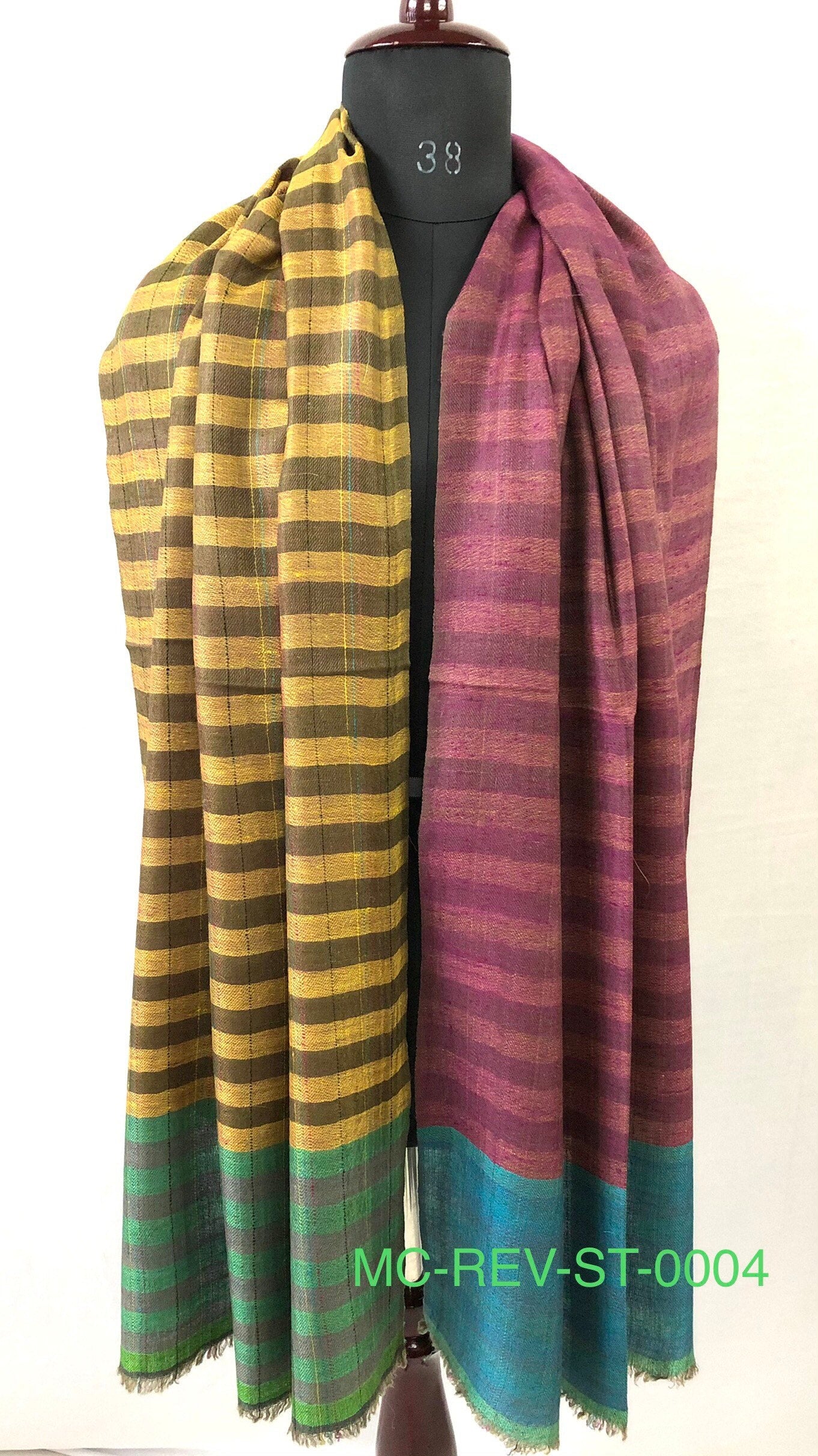 Cashmere Scarf Plantation Brown Stripes And Red Violet Reversible Handmade Real Cashmere Pashmina Stole Scarf - Mehraj Crafts 