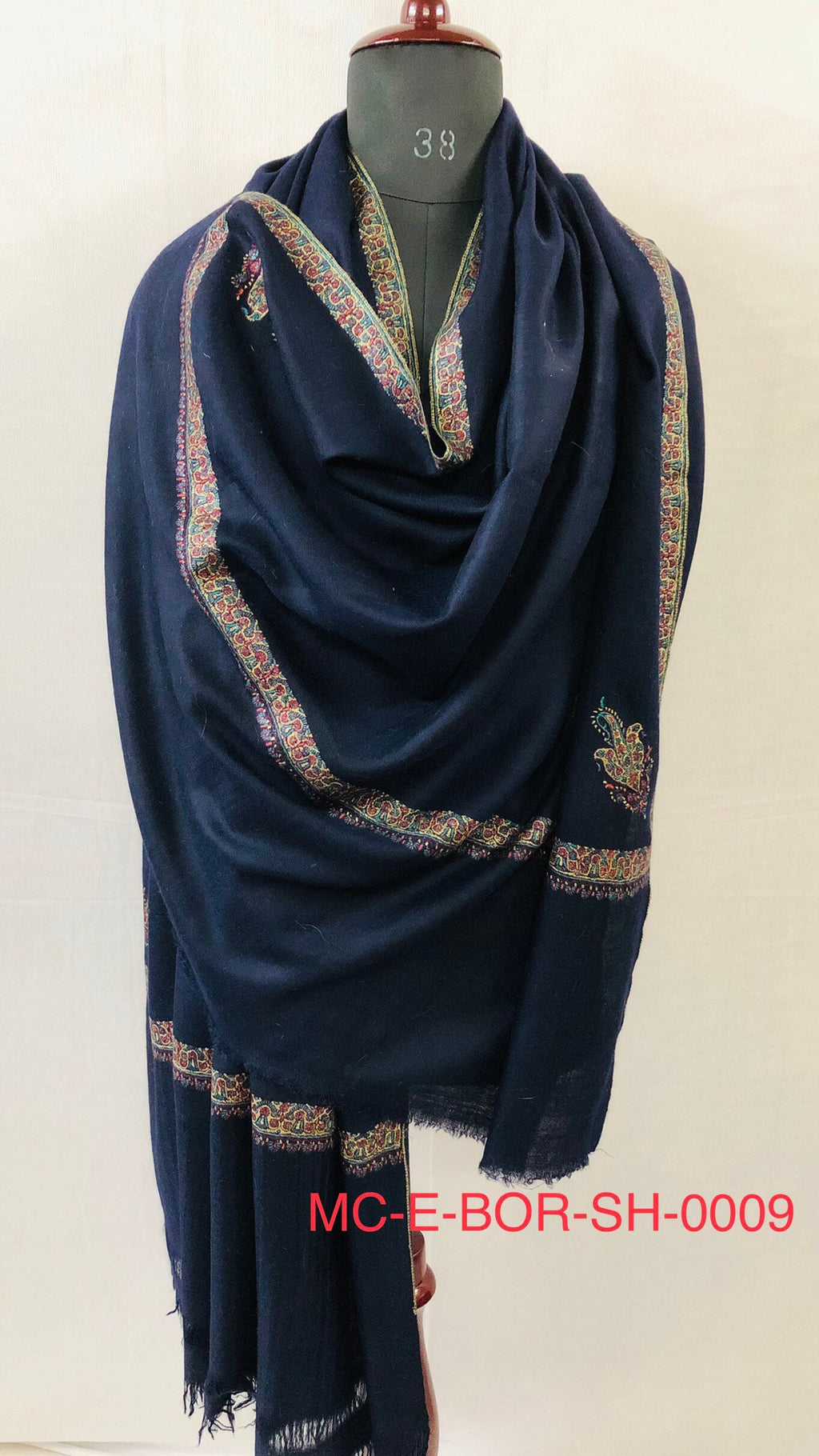 Pashmina Shawl Dark Sapphire Blue Sozni Embroidered Hashidar Handmade Real Cashmere Pashmina Border Embroidered Shawl - Mehraj Crafts 