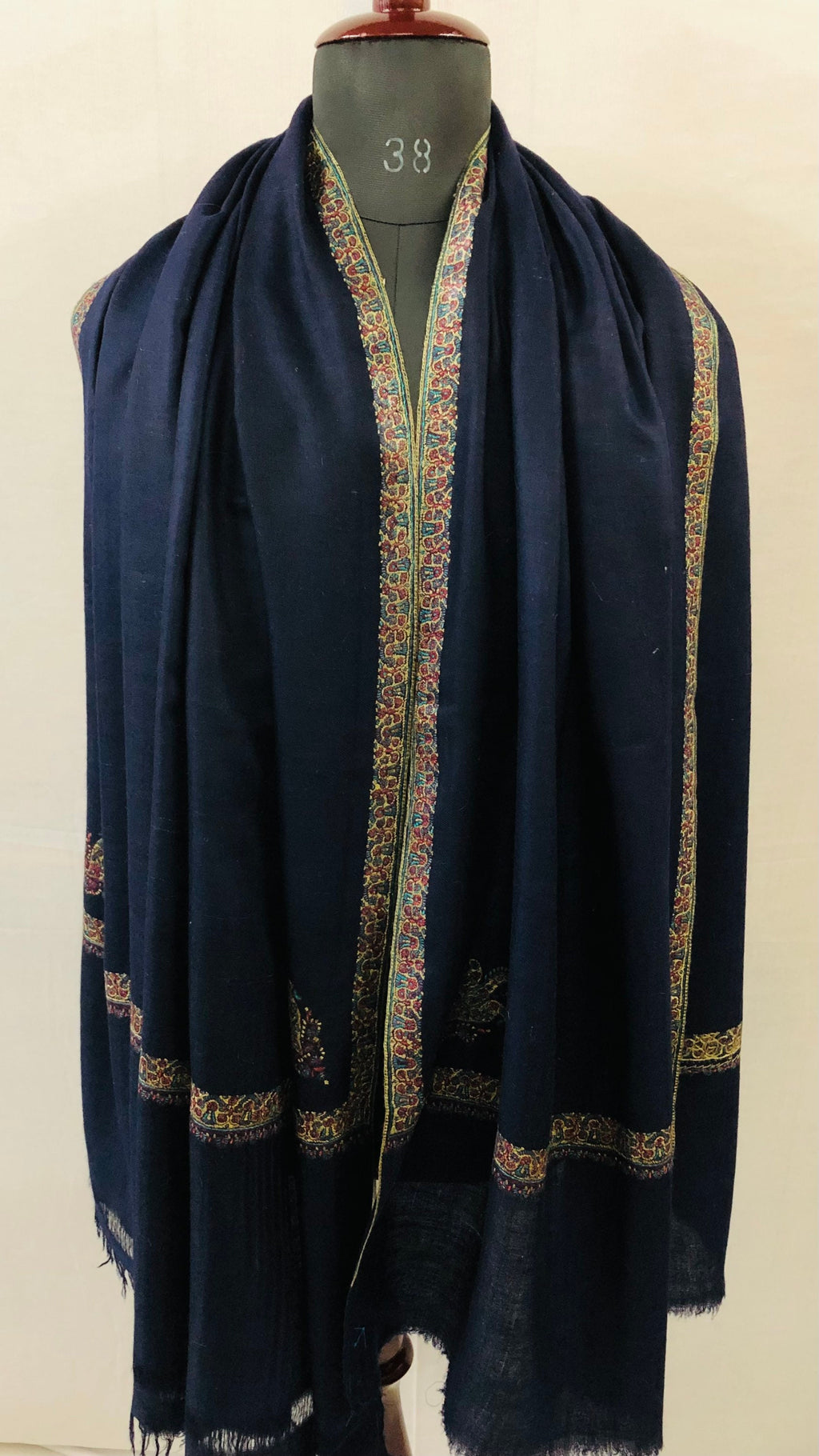 Pashmina Shawl Dark Sapphire Blue Sozni Embroidered Hashidar Handmade Real Cashmere Pashmina Border Embroidered Shawl - Mehraj Crafts 