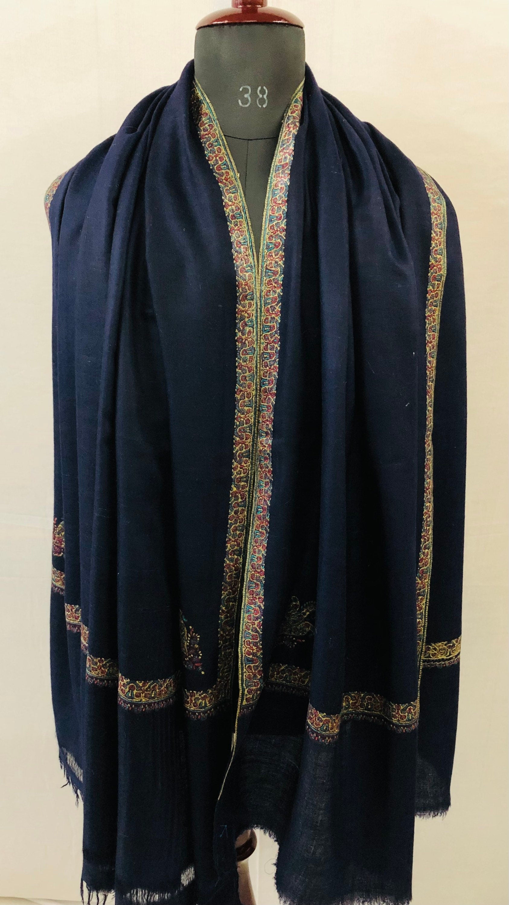 Pashmina Shawl Dark Sapphire Blue Sozni Embroidered Hashidar Handmade Real Cashmere Pashmina Border Embroidered Shawl - Mehraj Crafts 
