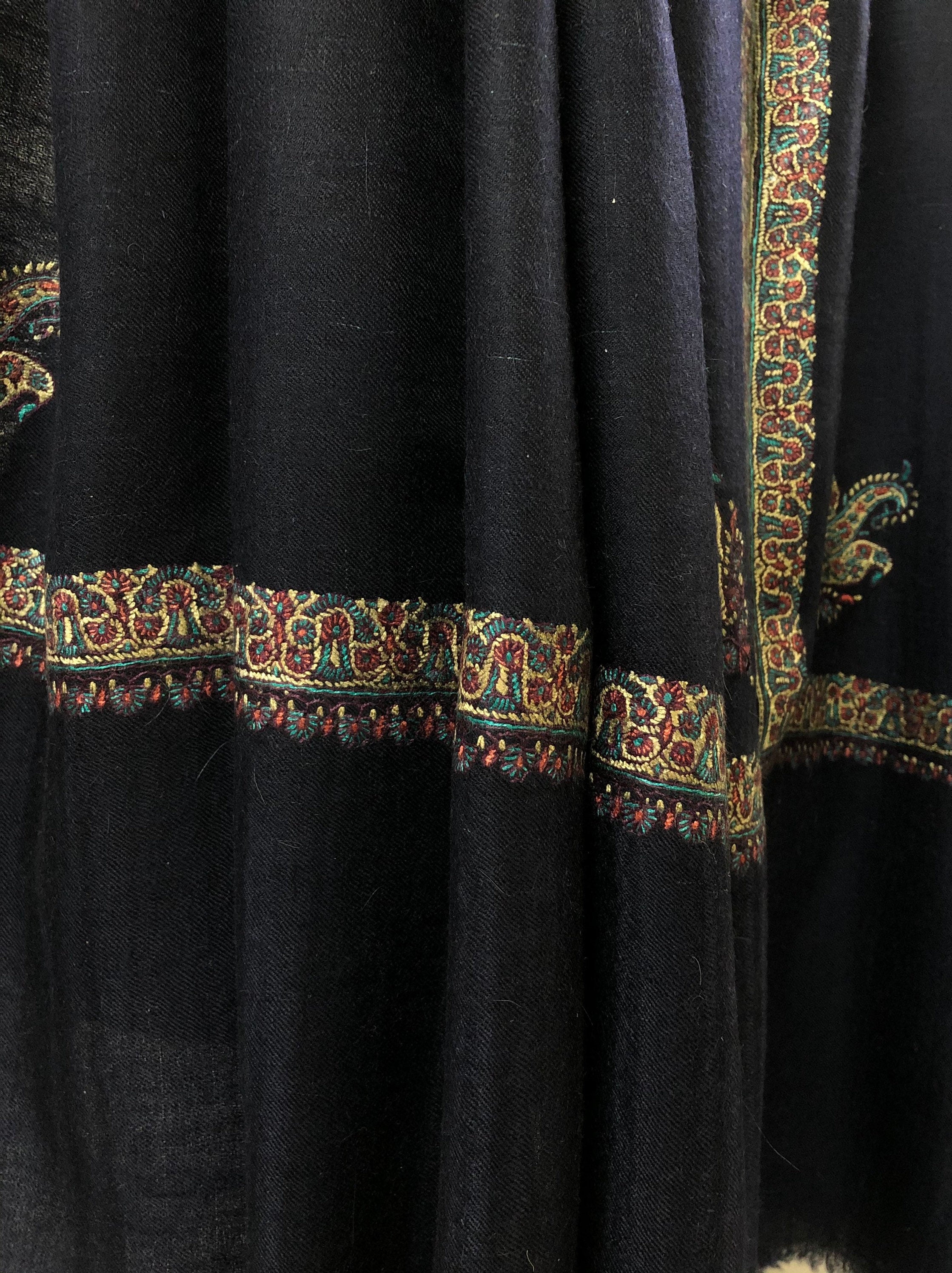 Pashmina Shawl Dark Sapphire Blue Sozni Embroidered Hashidar Handmade Real Cashmere Pashmina Border Embroidered Shawl - Mehraj Crafts 