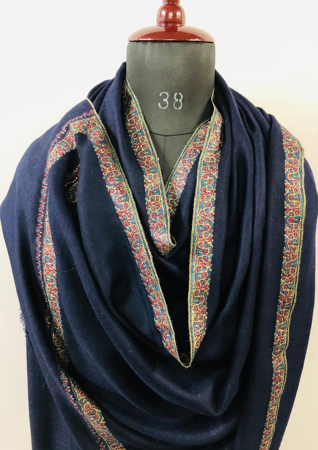 Pashmina Shawl Dark Sapphire Blue Sozni Embroidered Hashidar Handmade Real Cashmere Pashmina Border Embroidered Shawl - Mehraj Crafts 