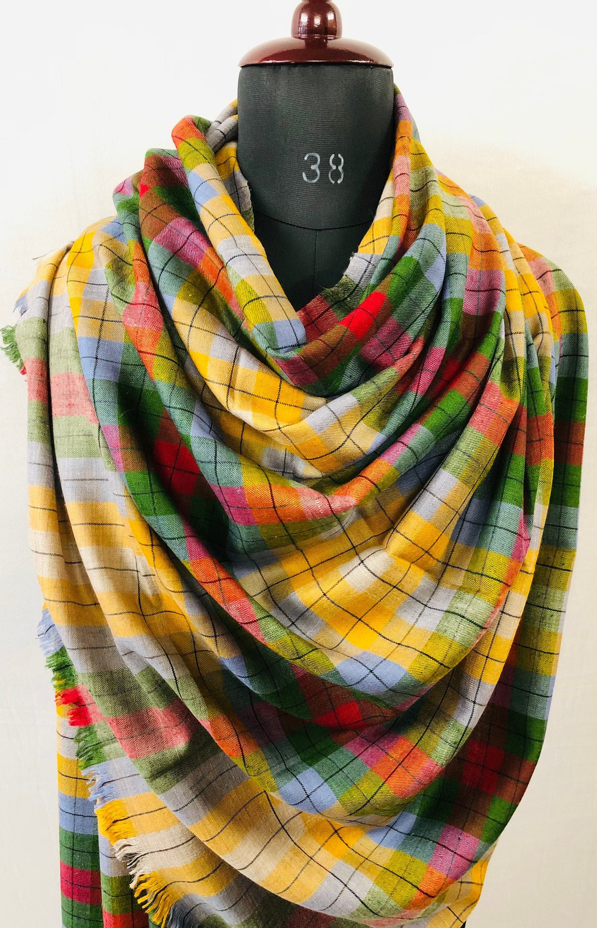 Handmade Multicoloured Plaid Check Handmade Real Cashmere Pashmina Shawl - Mehraj Crafts 