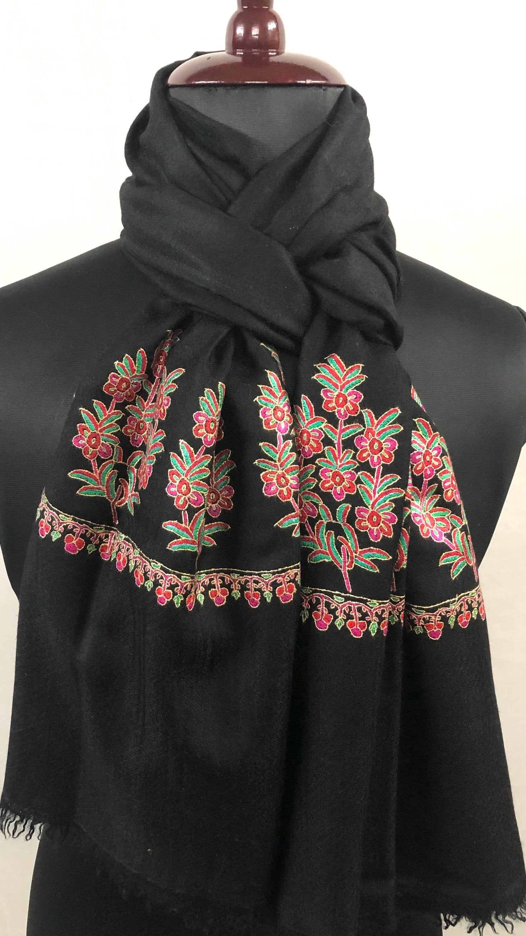 Floral Embroidered Black Cashmere Pashmina Shawl: Handmade Indian Stole