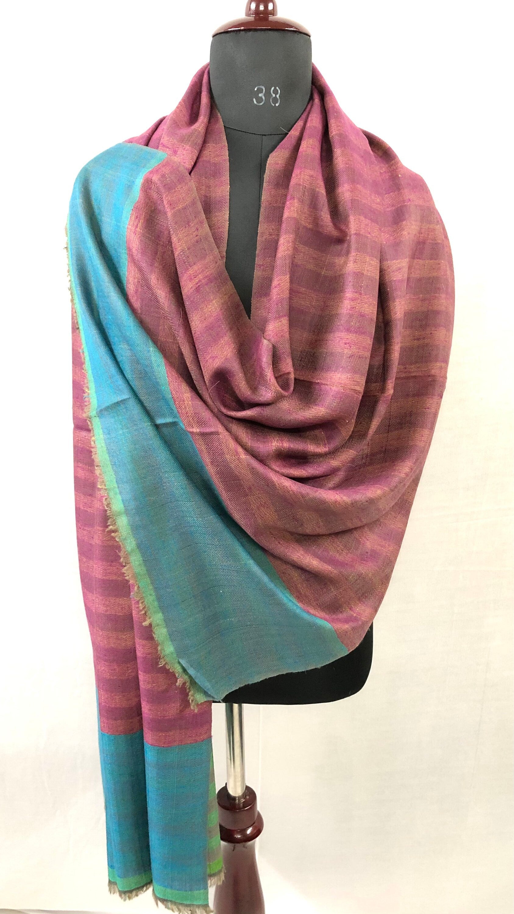 Cashmere Scarf Plantation Brown Stripes And Red Violet Reversible Handmade Real Cashmere Pashmina Stole Scarf - Mehraj Crafts 