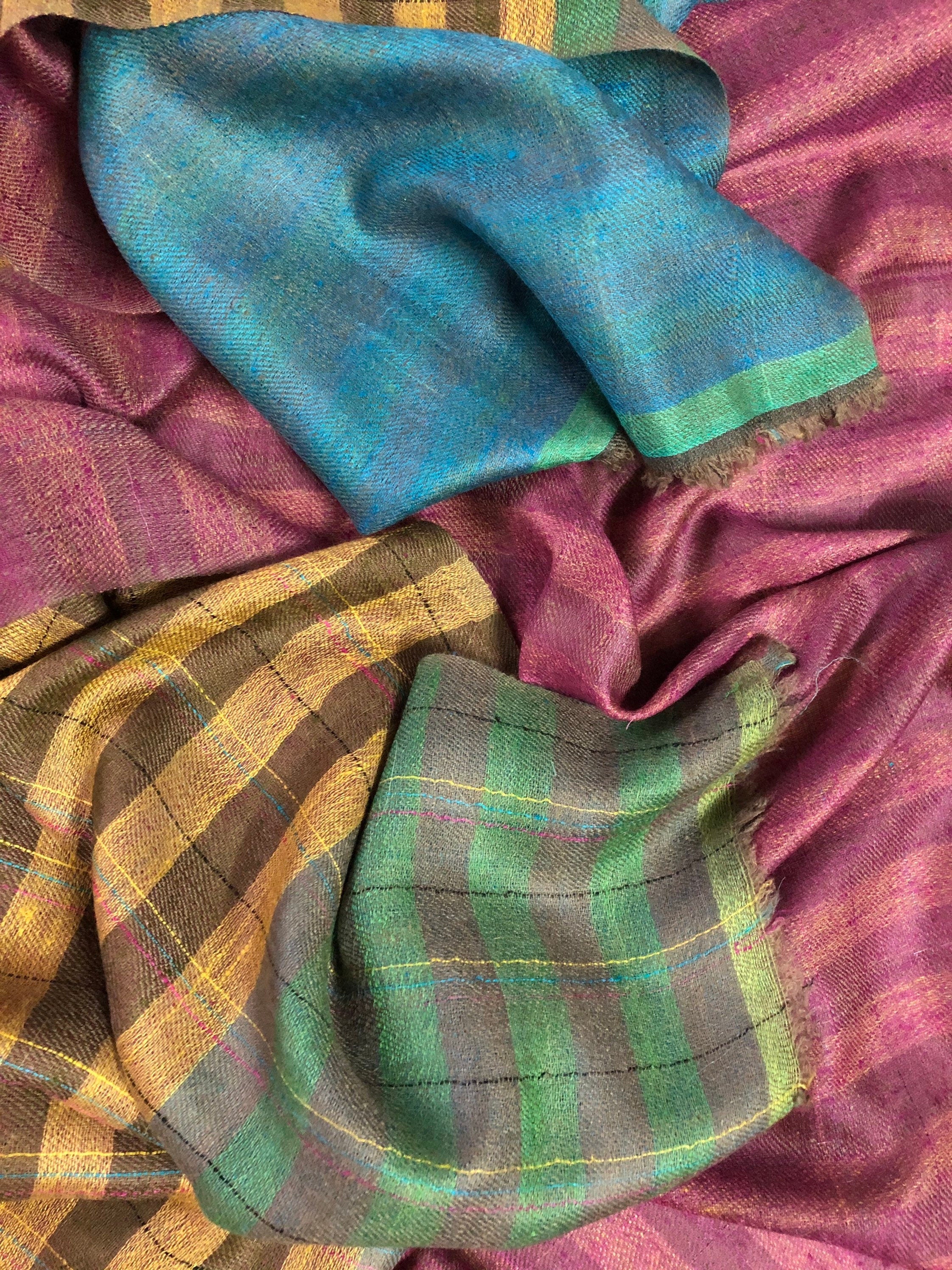 Cashmere Scarf Plantation Brown Stripes And Red Violet Reversible Handmade Real Cashmere Pashmina Stole Scarf - Mehraj Crafts 