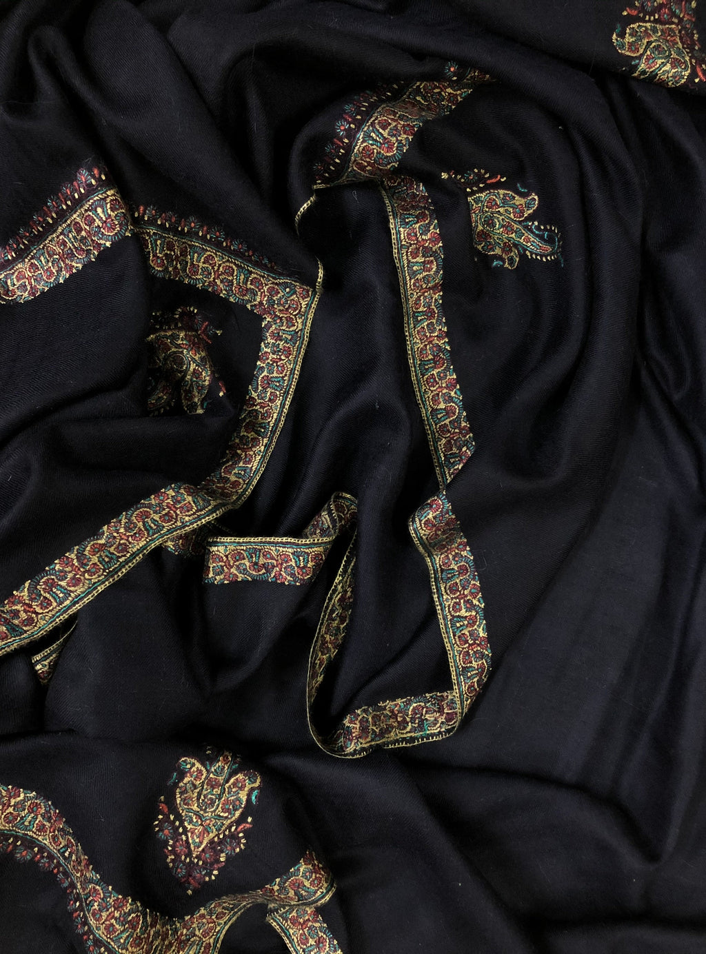 Pashmina Shawl Dark Sapphire Blue Sozni Embroidered Hashidar Handmade Real Cashmere Pashmina Border Embroidered Shawl - Mehraj Crafts 