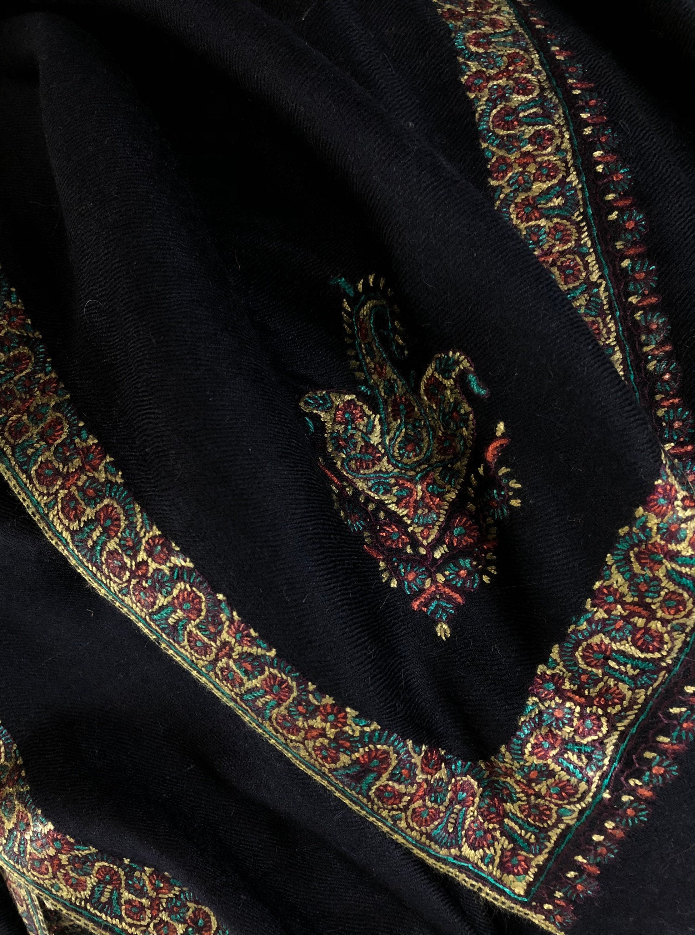 Pashmina Shawl Dark Sapphire Blue Sozni Embroidered Hashidar Handmade Real Cashmere Pashmina Border Embroidered Shawl - Mehraj Crafts 