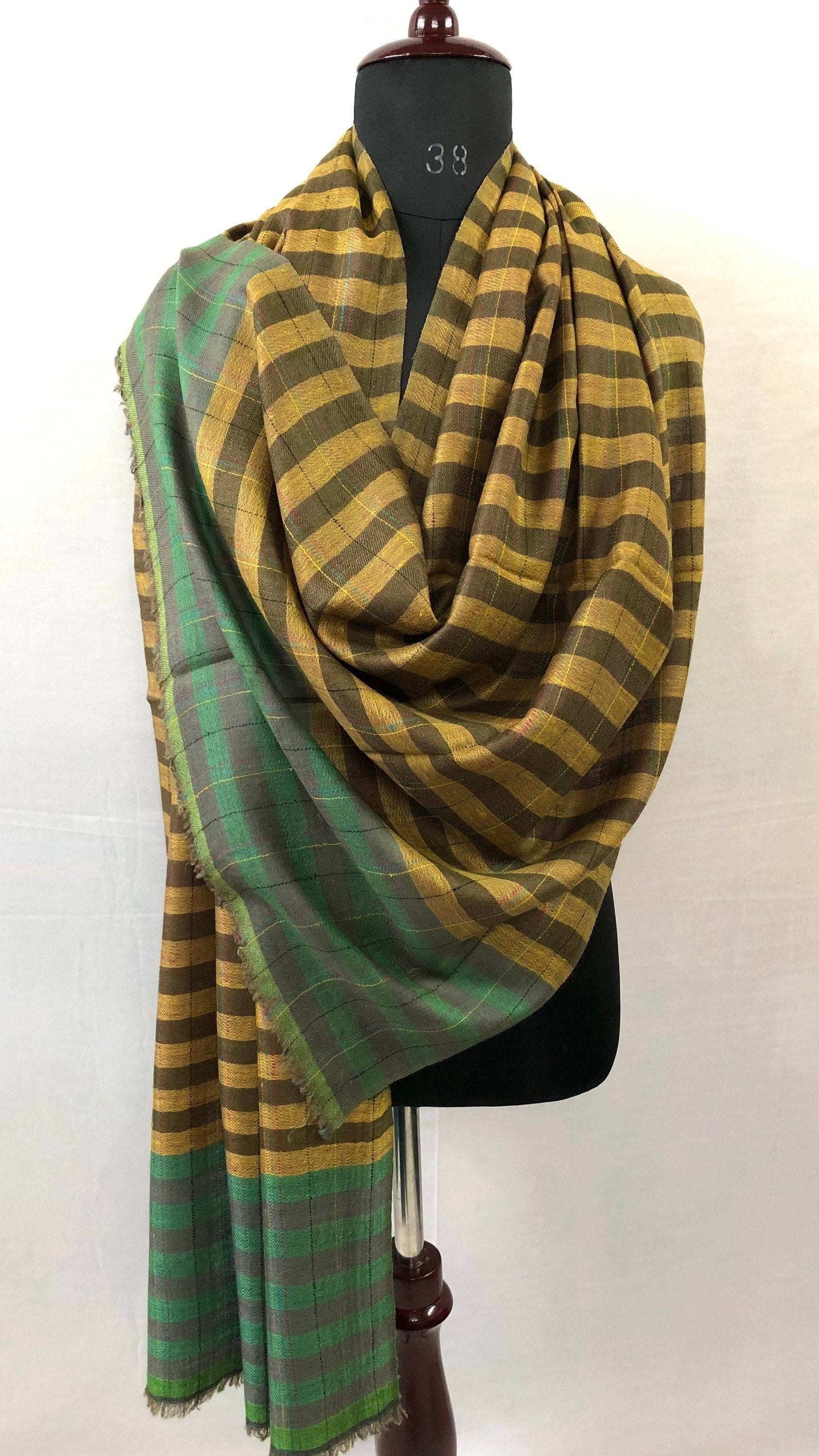 Cashmere Scarf Plantation Brown Stripes And Red Violet Reversible Handmade Real Cashmere Pashmina Stole Scarf - Mehraj Crafts 