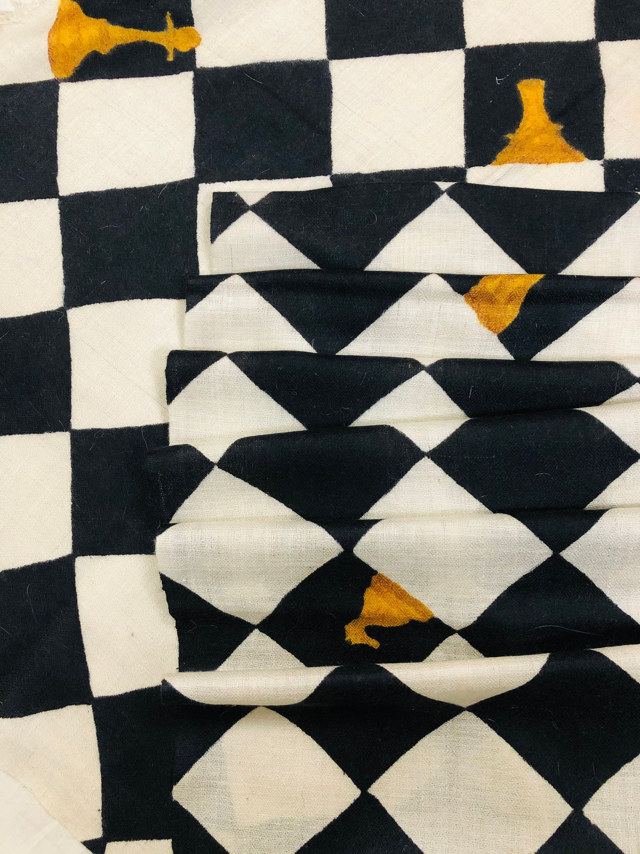 Handmade Black And White Checkerboard Pattern Hand Painted Handwoven Real Cashmere Pashmina Stole Scarf - Mehraj Crafts 