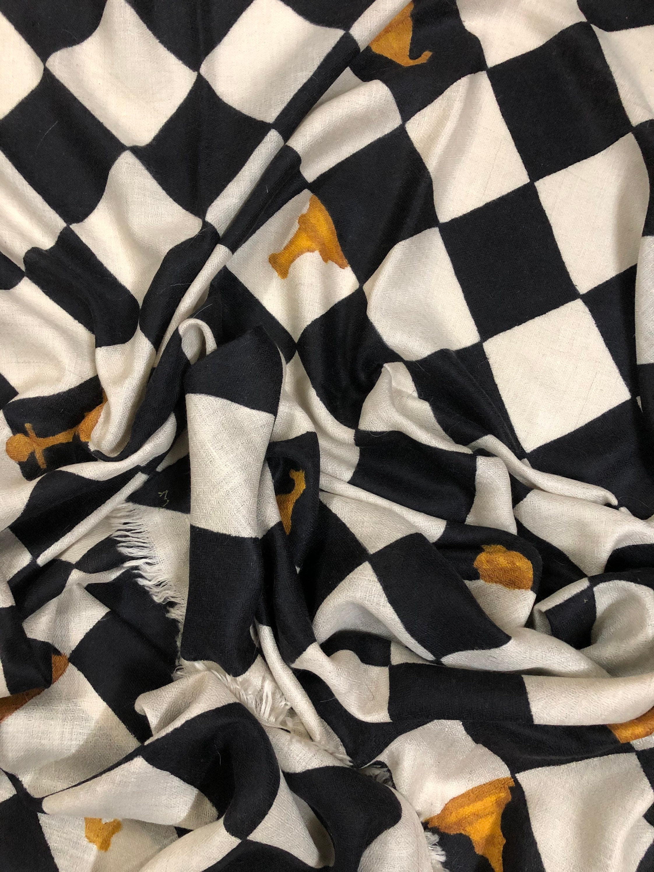 Handmade Black And White Checkerboard Pattern Hand Painted Handwoven Real Cashmere Pashmina Stole Scarf - Mehraj Crafts 