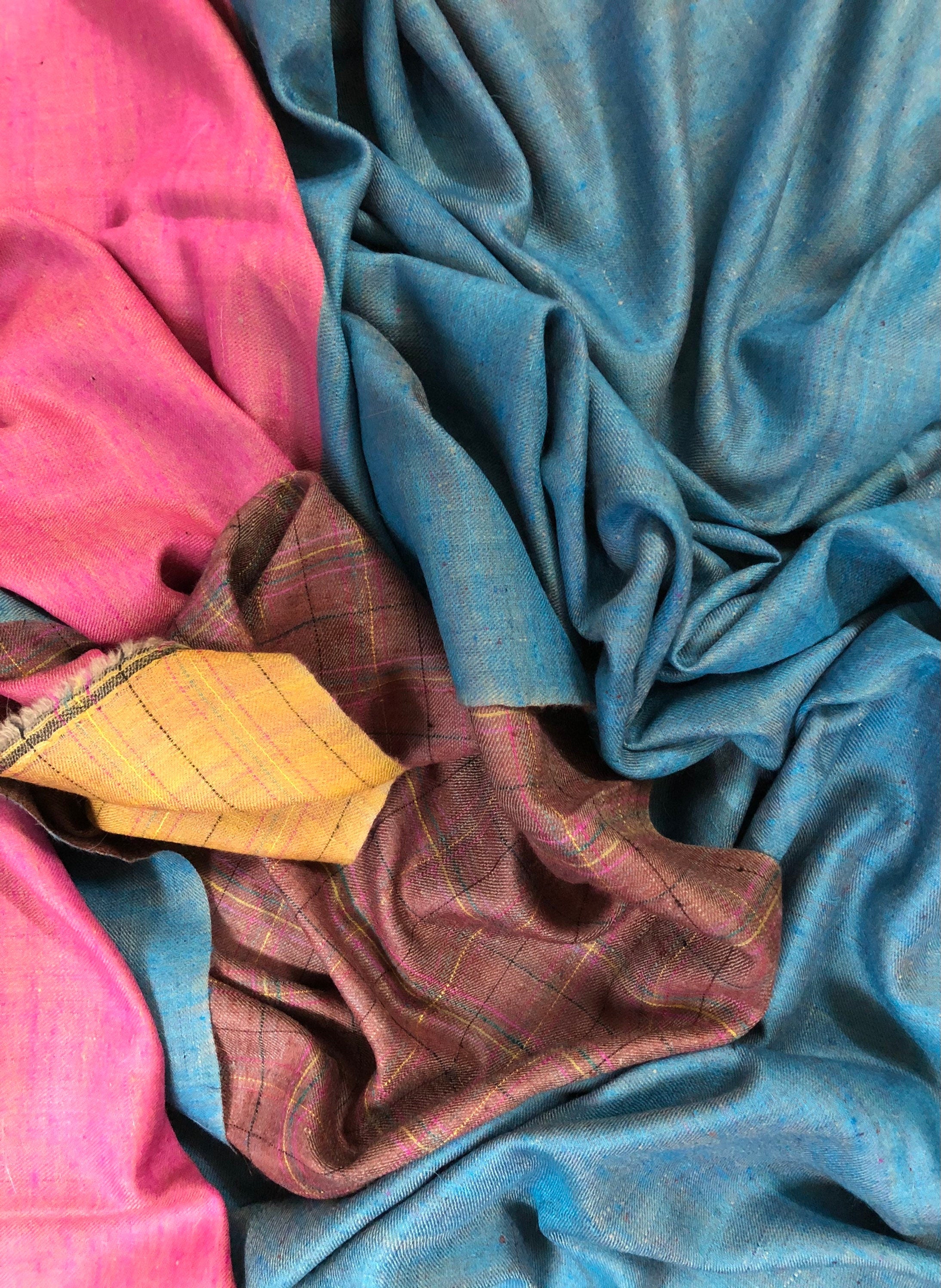 Handmade Gift Dupplin Check And Blue Moon Reversible Hand Woven Ladakhi Real Cashmere Pashmina Shawl - Mehraj Crafts 