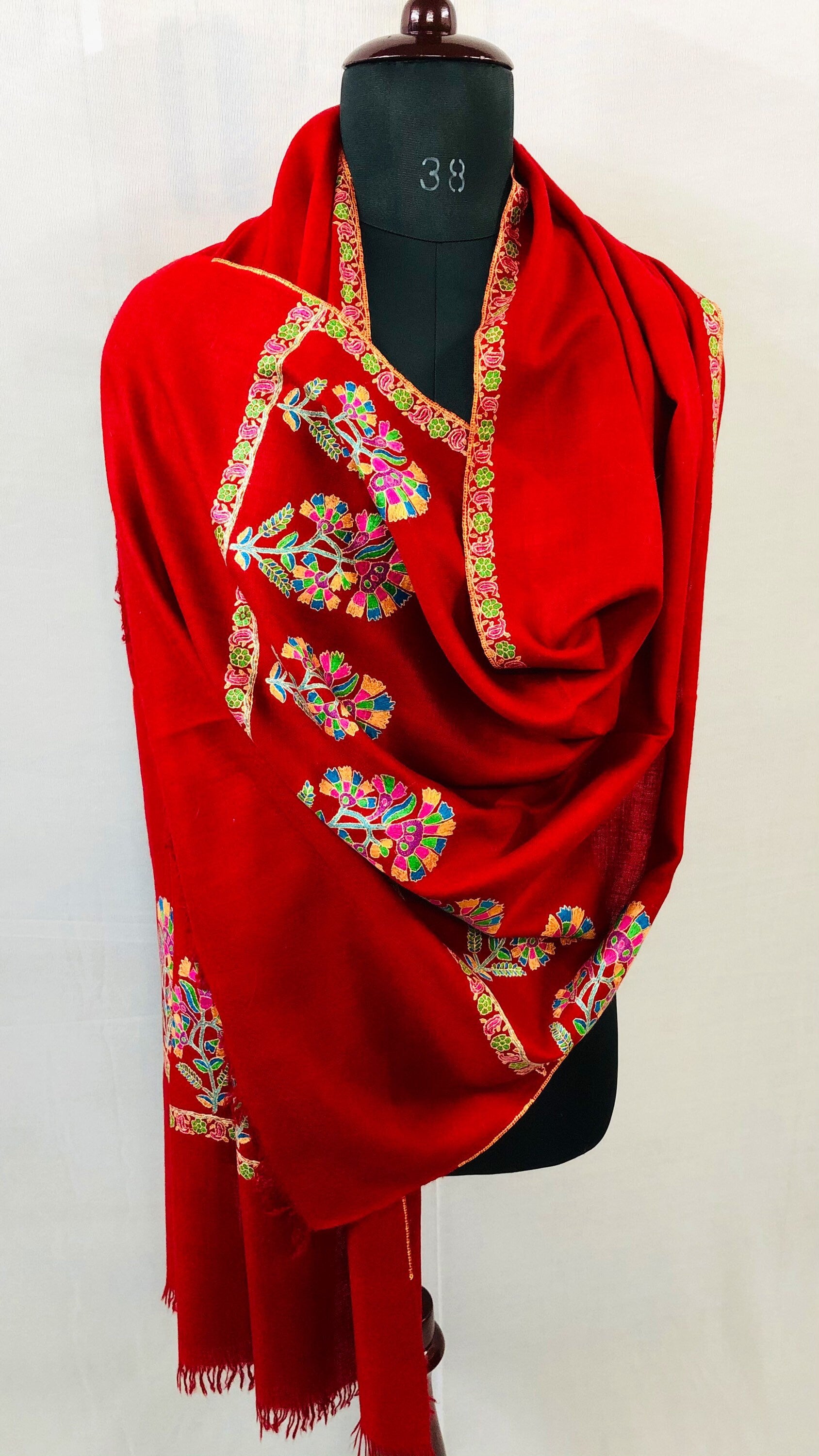 Floral Pashmina cyber monday Red Seamless Floral Kani Embroidery Palla Handmade Real Cashmere Pashmina Stole Scarf Shawl - Mehraj Crafts 