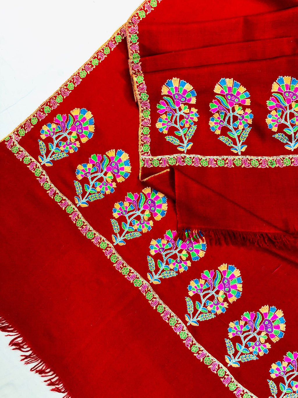 Floral Embroidered Red Cashmere Pashmina Shawl: Handmade Kani Scarf