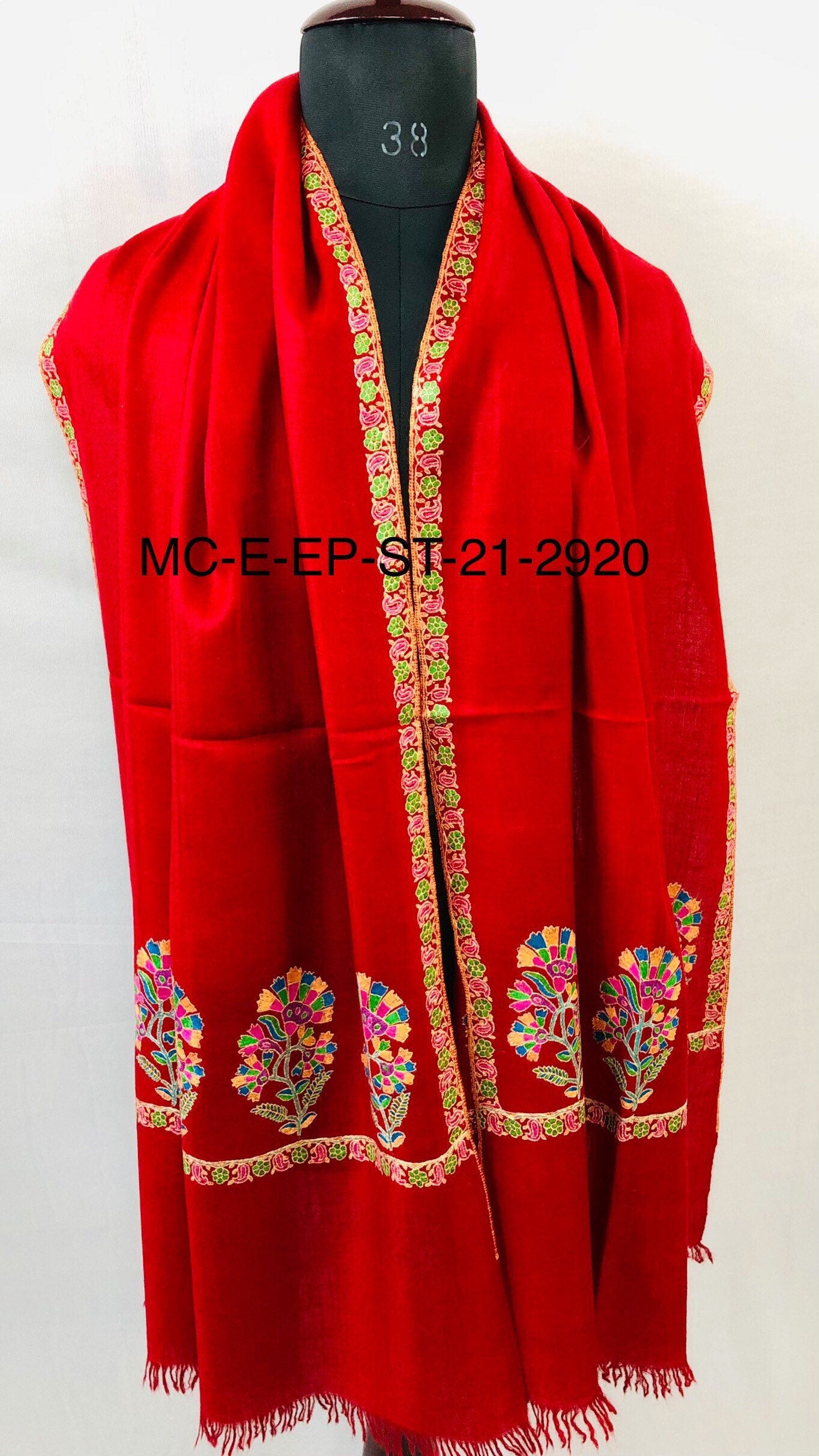 Floral Pashmina cyber monday Red Seamless Floral Kani Embroidery Palla Handmade Real Cashmere Pashmina Stole Scarf Shawl - Mehraj Crafts 